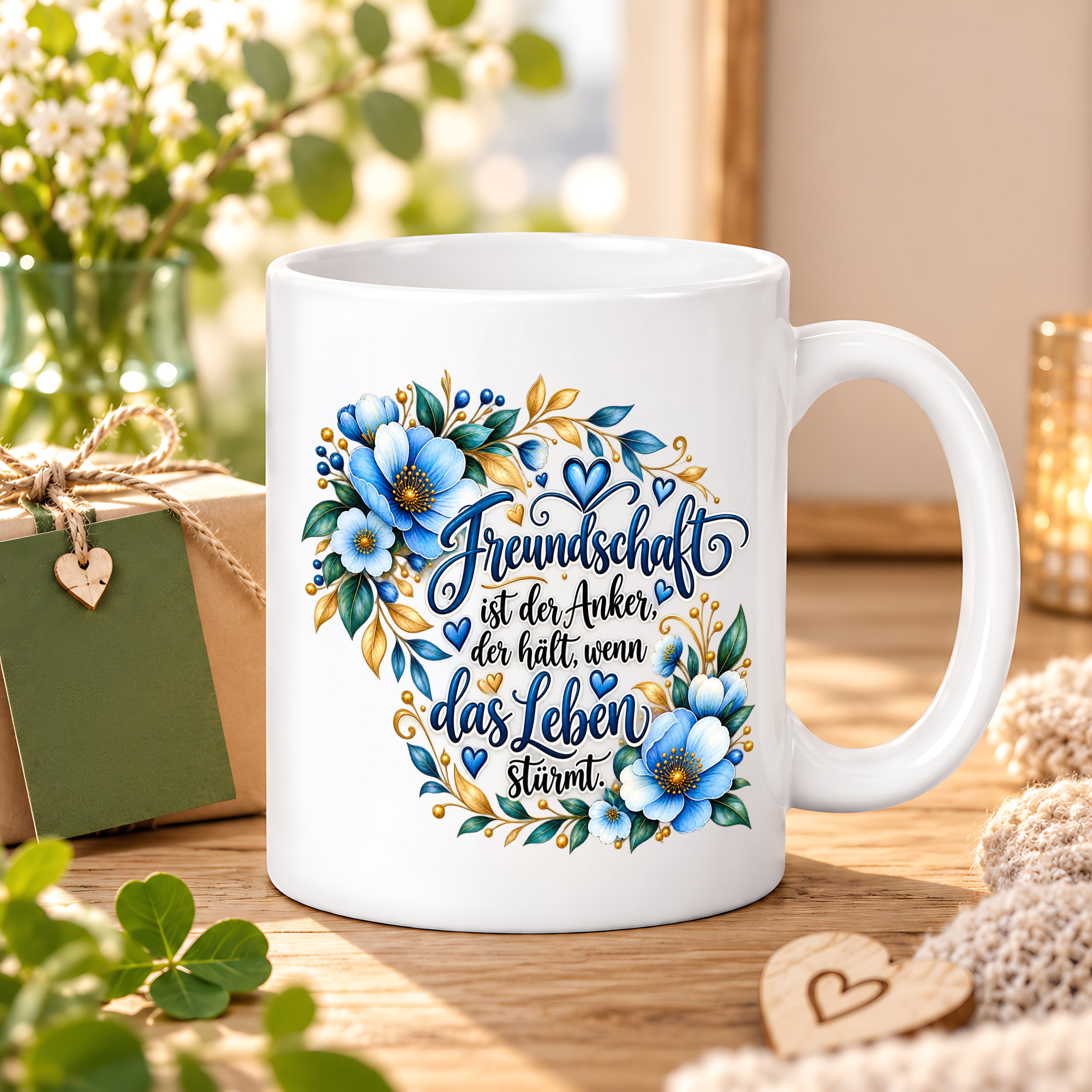 Herzbotschaft Freundschaft Tasse – Freundschaft ist der Anker, der hält, wenn das Leben stürmt – Kaffeetasse mit blauen Blumen und Herzen – Geschenk für beste Freundin, Freund, BFF und Lieblingsmensch – 330 ml