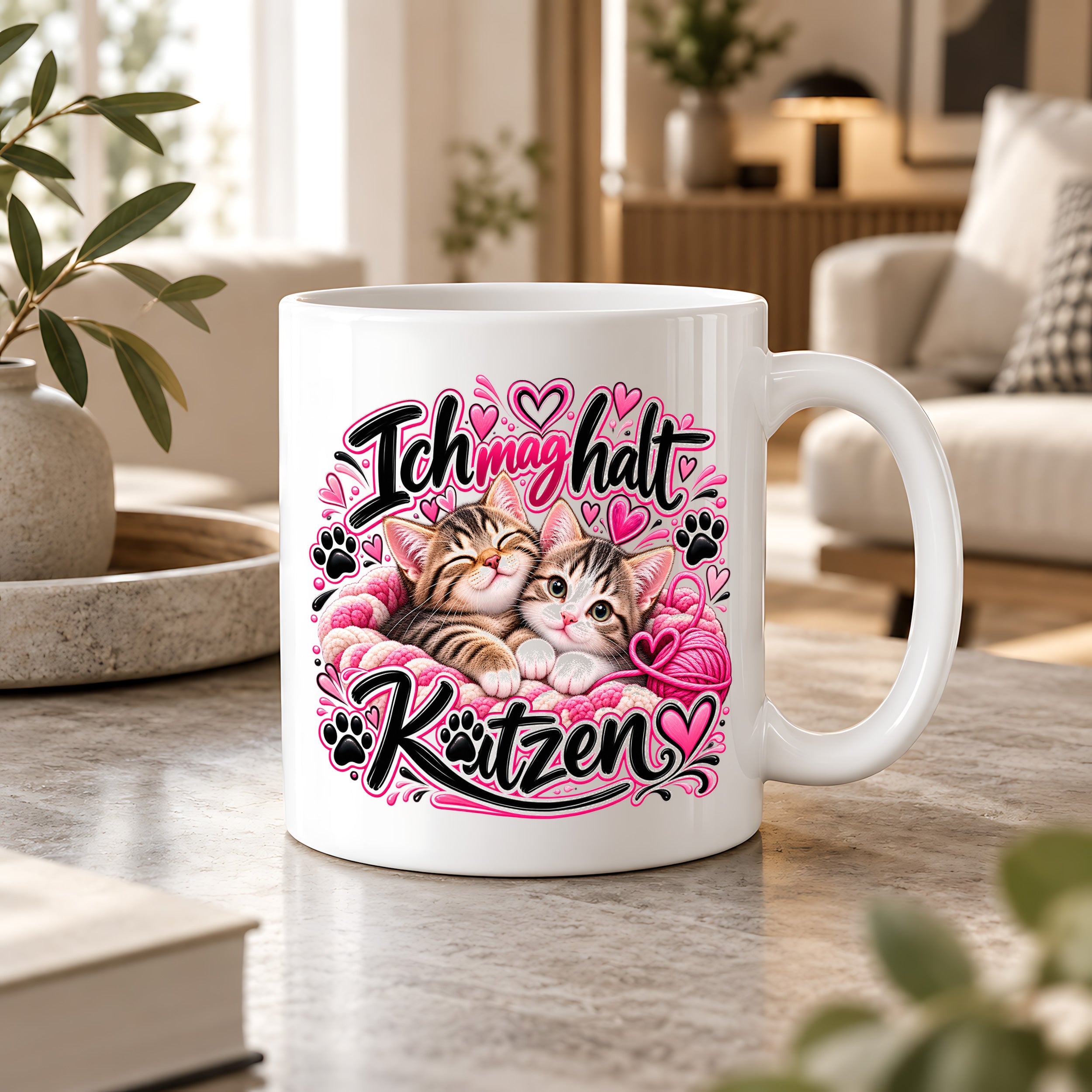 Herzbotschaft Katzen Tasse – Ich mag halt Katzen – Süße Kaffeetasse mit zwei Katzenbabys, Herzen und Pfoten – Geschenk für Katzenliebhaber, Katzenmama, Frauen und Freundin – 330 ml