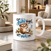 Herzbotschaft Eulen Tasse – Der frühe Vogel kann mich mal – Lustige Kaffeetasse mit mürrischer Eule und Kaffee – Geschenk für Morgenmuffel, Langschläfer, Kaffeeliebhaber, Kollegen und Freunde – 330 ml