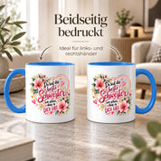 Herzbotschaft Schwester Tasse – Du bist die beste Schwester, wie schön dass es dich gibt – Kaffeetasse 330 ml mit rosa Blumen und Herzen – Geschenk für Schwester zum Geburtstag, Weihnachten, als Dankeschön oder kleine Aufmerksamkeit