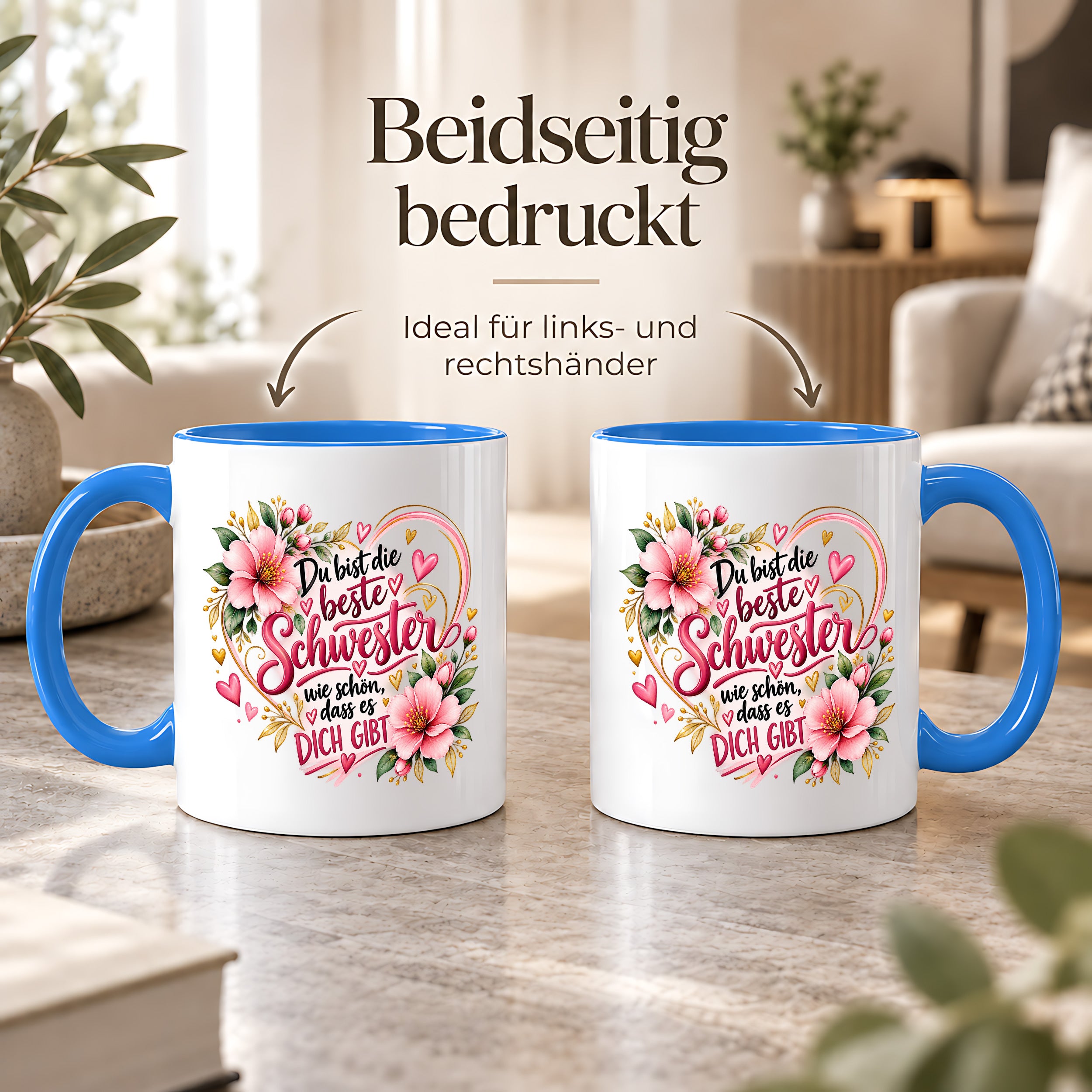 Herzbotschaft Schwester Tasse – Du bist die beste Schwester, wie schön dass es dich gibt – Kaffeetasse 330 ml mit rosa Blumen und Herzen – Geschenk für Schwester zum Geburtstag, Weihnachten, als Dankeschön oder kleine Aufmerksamkeit
