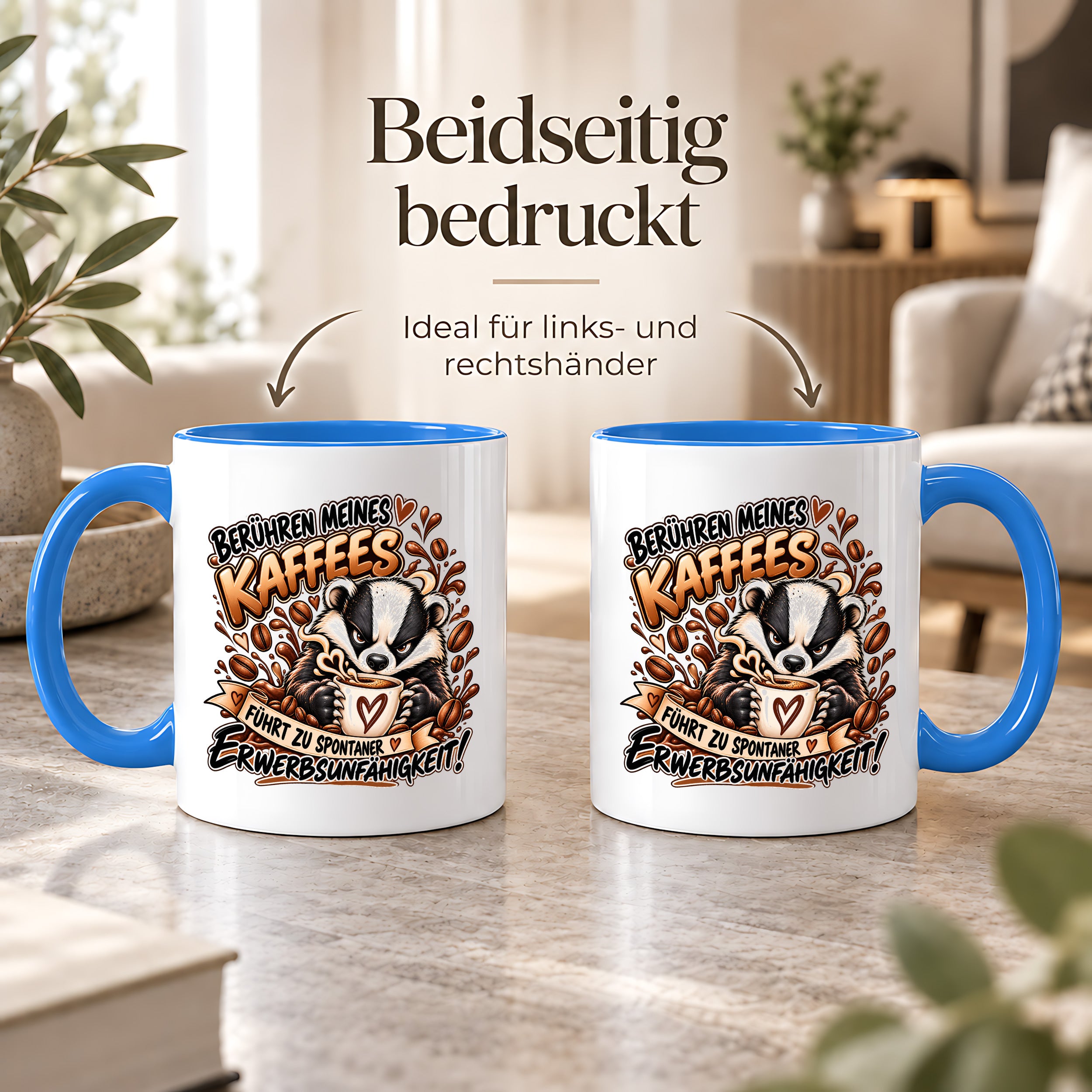 Herzbotschaft Dachs Tasse – Berühren meines Kaffees führt zu spontaner Erwerbsunfähigkeit – Lustige Kaffeetasse mit frechem Dachs Motiv – Geschenk für Kaffeeliebhaber, Kollegen und Büro – 330 ml