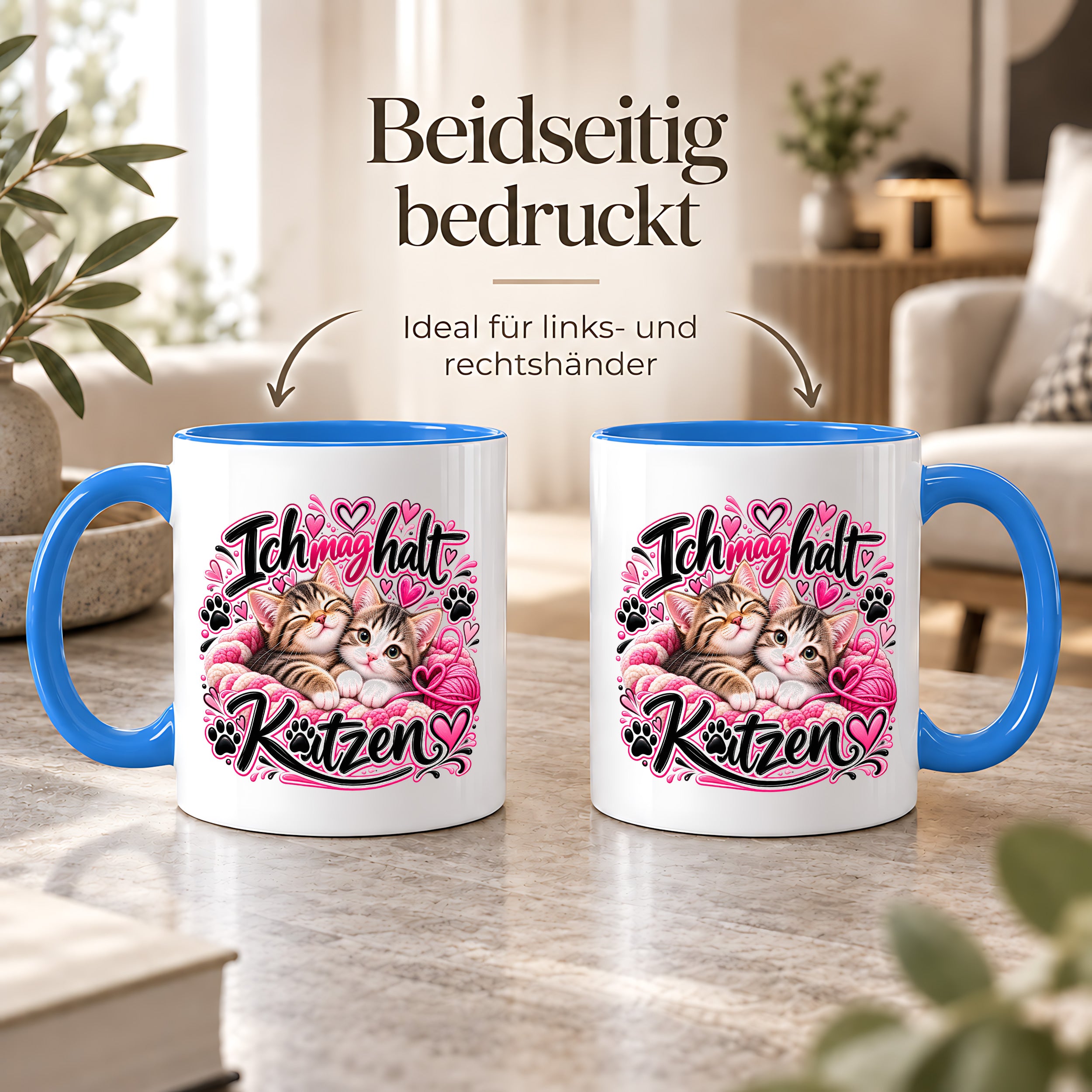 Herzbotschaft Katzen Tasse – Ich mag halt Katzen – Süße Kaffeetasse mit zwei Katzenbabys, Herzen und Pfoten – Geschenk für Katzenliebhaber, Katzenmama, Frauen und Freundin – 330 ml