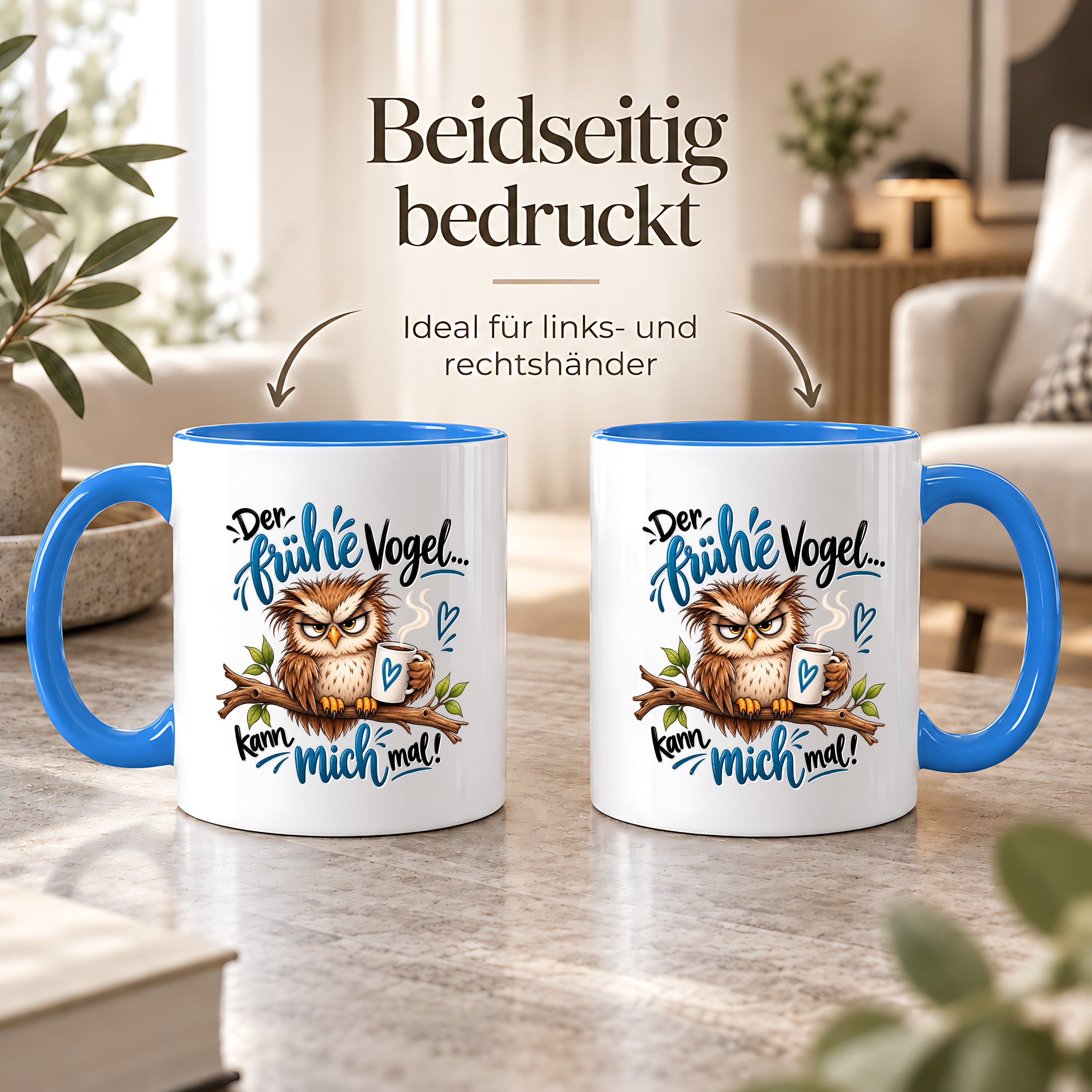 Herzbotschaft Eulen Tasse – Der frühe Vogel kann mich mal – Lustige Kaffeetasse mit mürrischer Eule und Kaffee – Geschenk für Morgenmuffel, Langschläfer, Kaffeeliebhaber, Kollegen und Freunde – 330 ml