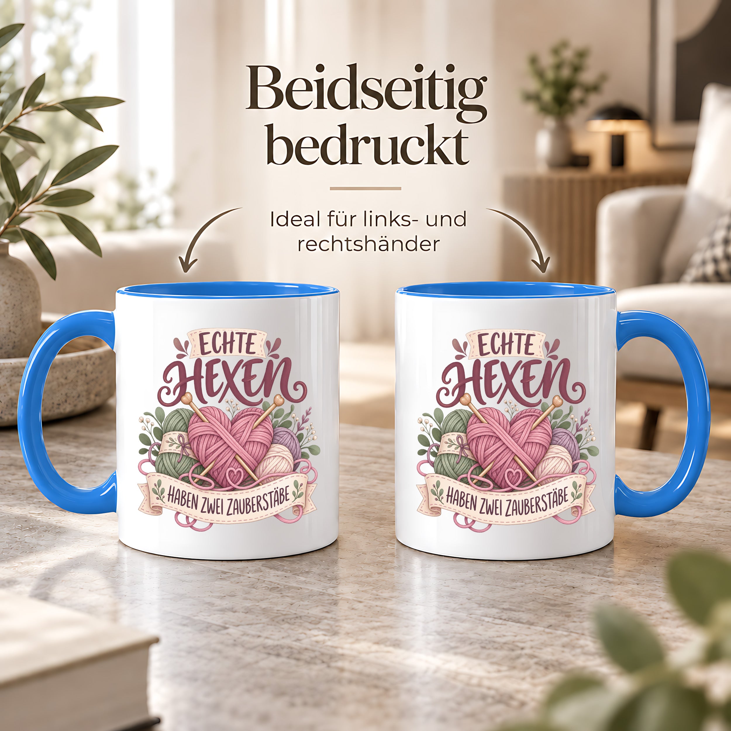 Stricken Tasse Echte Hexen haben zwei Zauberstäbe 330 ml Geschenk für Strickerin Wolle Handarbeit Geburtstag Weihnachten