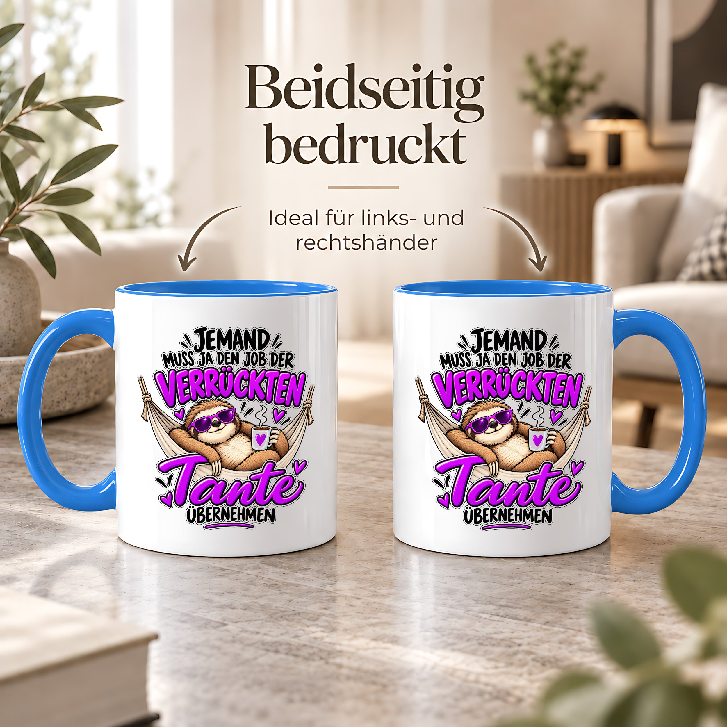 Herzbotschaft Verrückte Tante Tasse – Jemand muss ja den Job der verrückten Tante übernehmen – Lustige Kaffeetasse 330 ml mit Faultier Motiv – Geschenk für Tante, Lieblingstante, Schwester und Schwägerin – Originelle Spruchtasse mit Humor