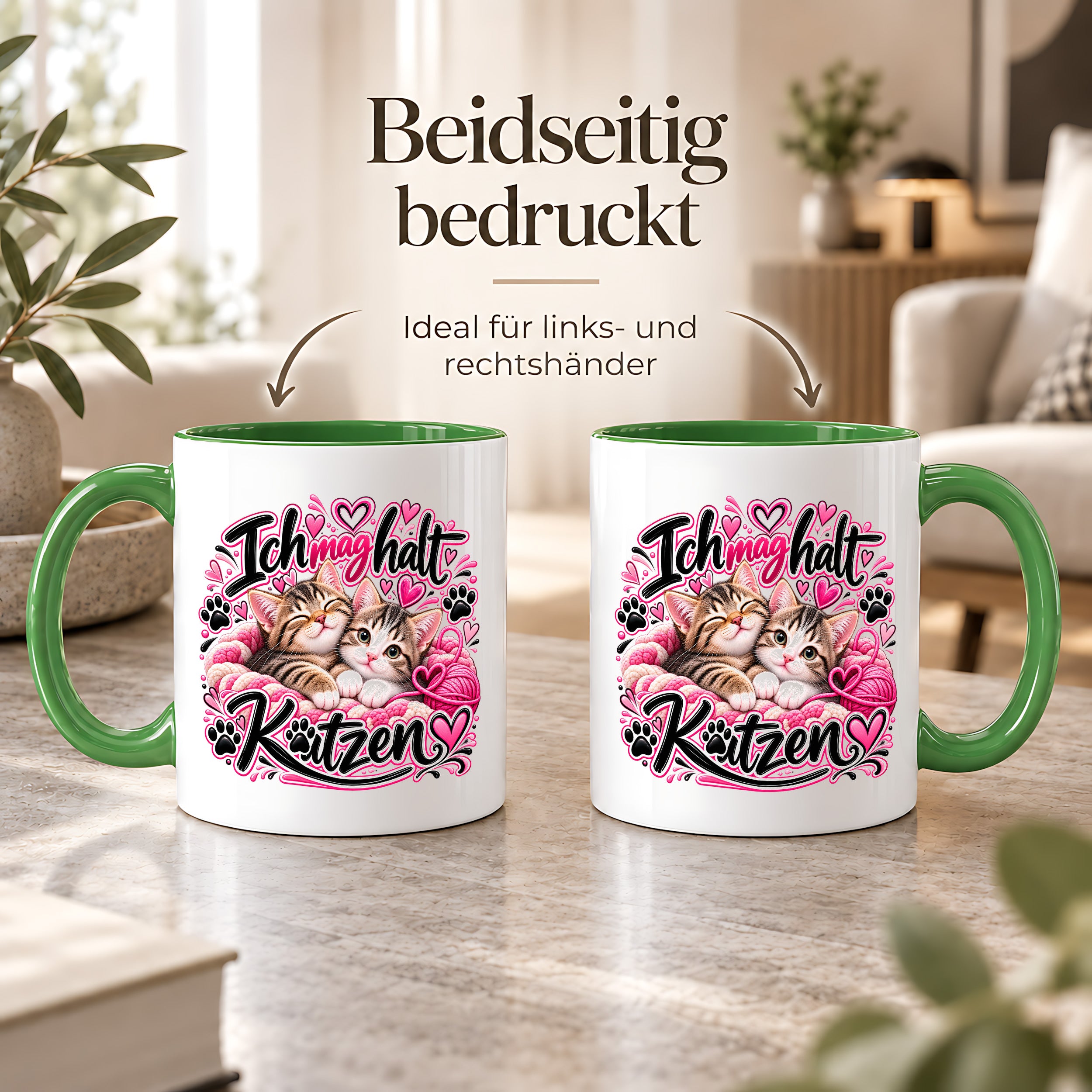 Herzbotschaft Katzen Tasse – Ich mag halt Katzen – Süße Kaffeetasse mit zwei Katzenbabys, Herzen und Pfoten – Geschenk für Katzenliebhaber, Katzenmama, Frauen und Freundin – 330 ml