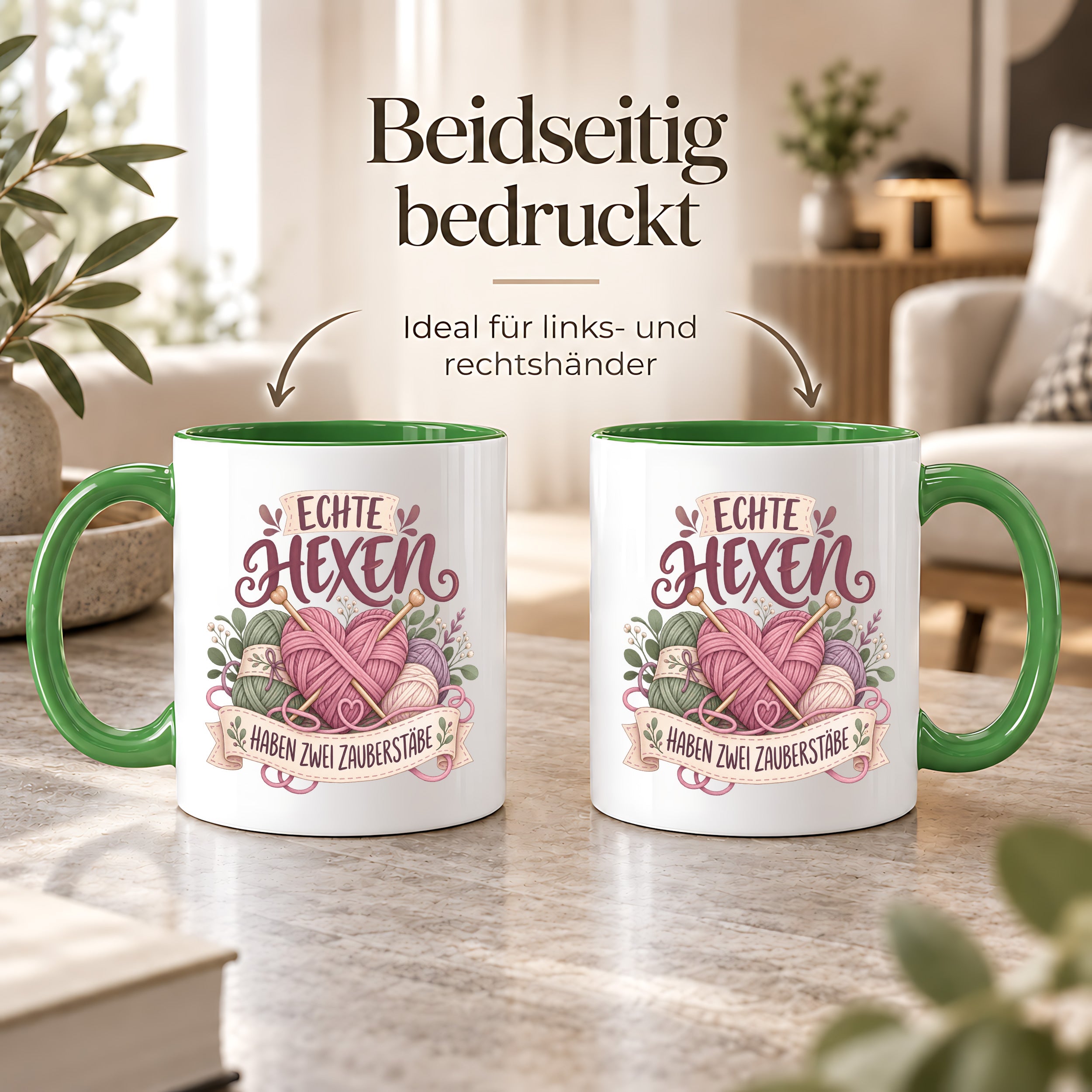 Stricken Tasse Echte Hexen haben zwei Zauberstäbe 330 ml Geschenk für Strickerin Wolle Handarbeit Geburtstag Weihnachten