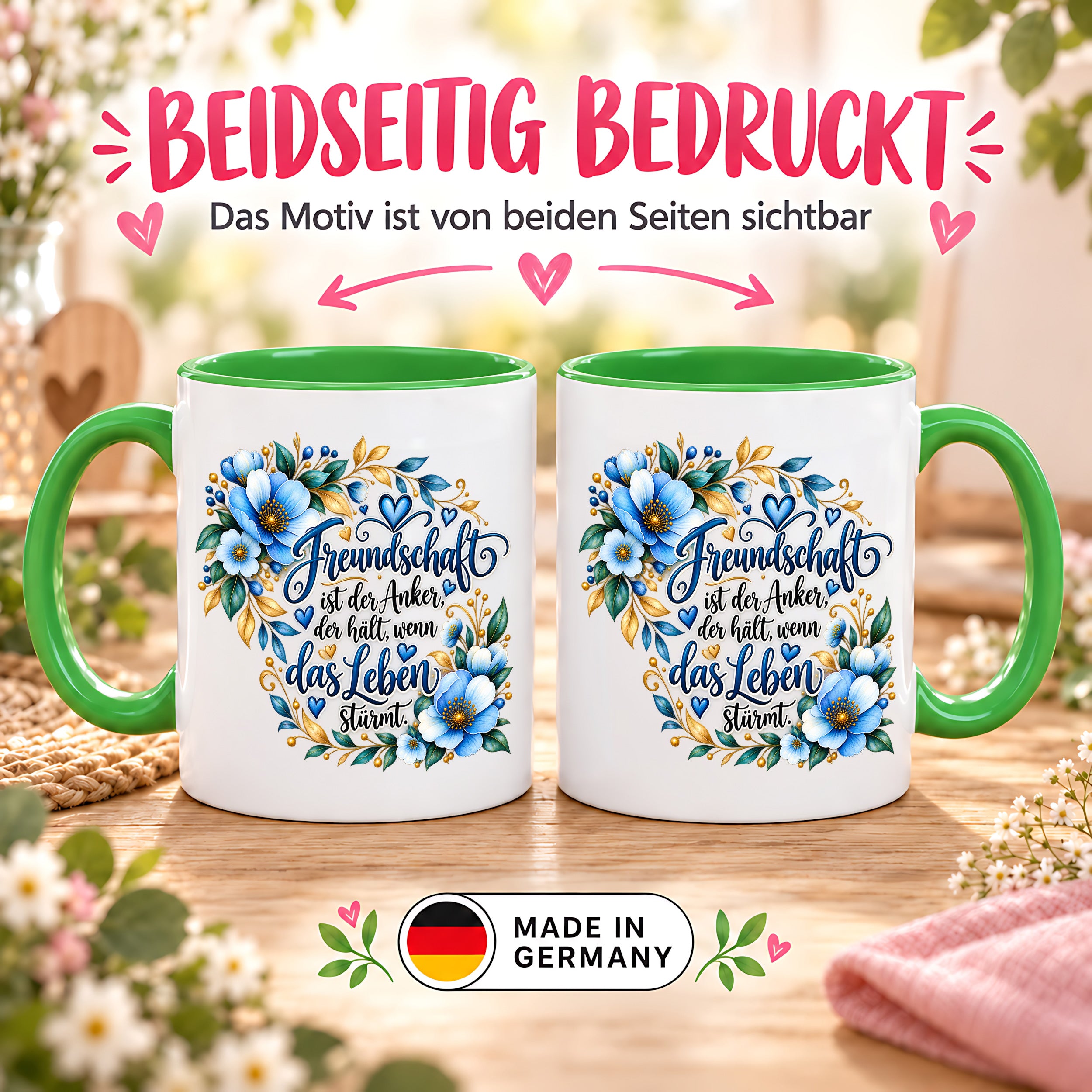 Herzbotschaft Freundschaft Tasse – Freundschaft ist der Anker, der hält, wenn das Leben stürmt – Kaffeetasse mit blauen Blumen und Herzen – Geschenk für beste Freundin, Freund, BFF und Lieblingsmensch – 330 ml