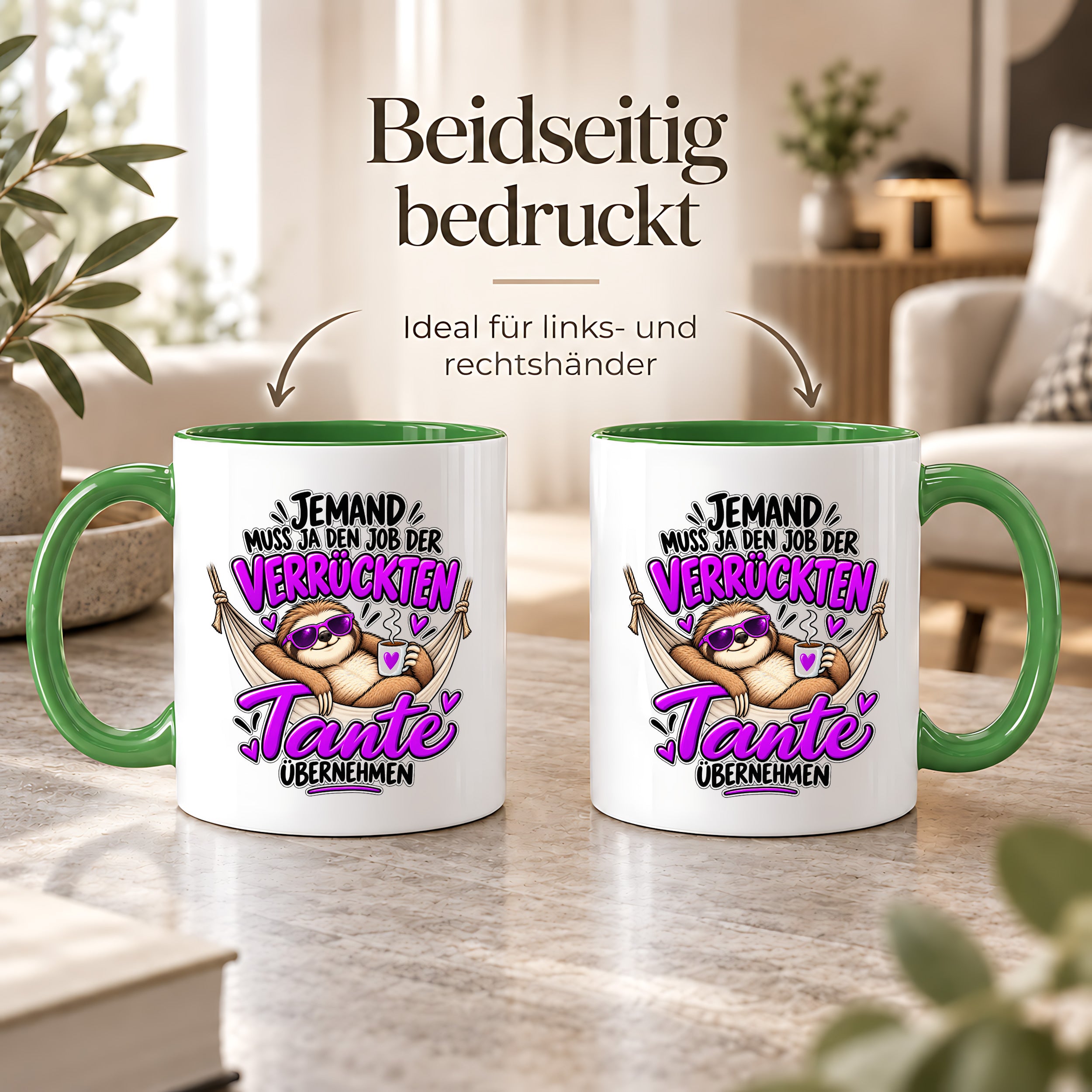 Herzbotschaft Verrückte Tante Tasse – Jemand muss ja den Job der verrückten Tante übernehmen – Lustige Kaffeetasse 330 ml mit Faultier Motiv – Geschenk für Tante, Lieblingstante, Schwester und Schwägerin – Originelle Spruchtasse mit Humor