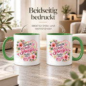 Herzbotschaft Schwester Tasse – Du bist die beste Schwester, wie schön dass es dich gibt – Kaffeetasse 330 ml mit rosa Blumen und Herzen – Geschenk für Schwester zum Geburtstag, Weihnachten, als Dankeschön oder kleine Aufmerksamkeit