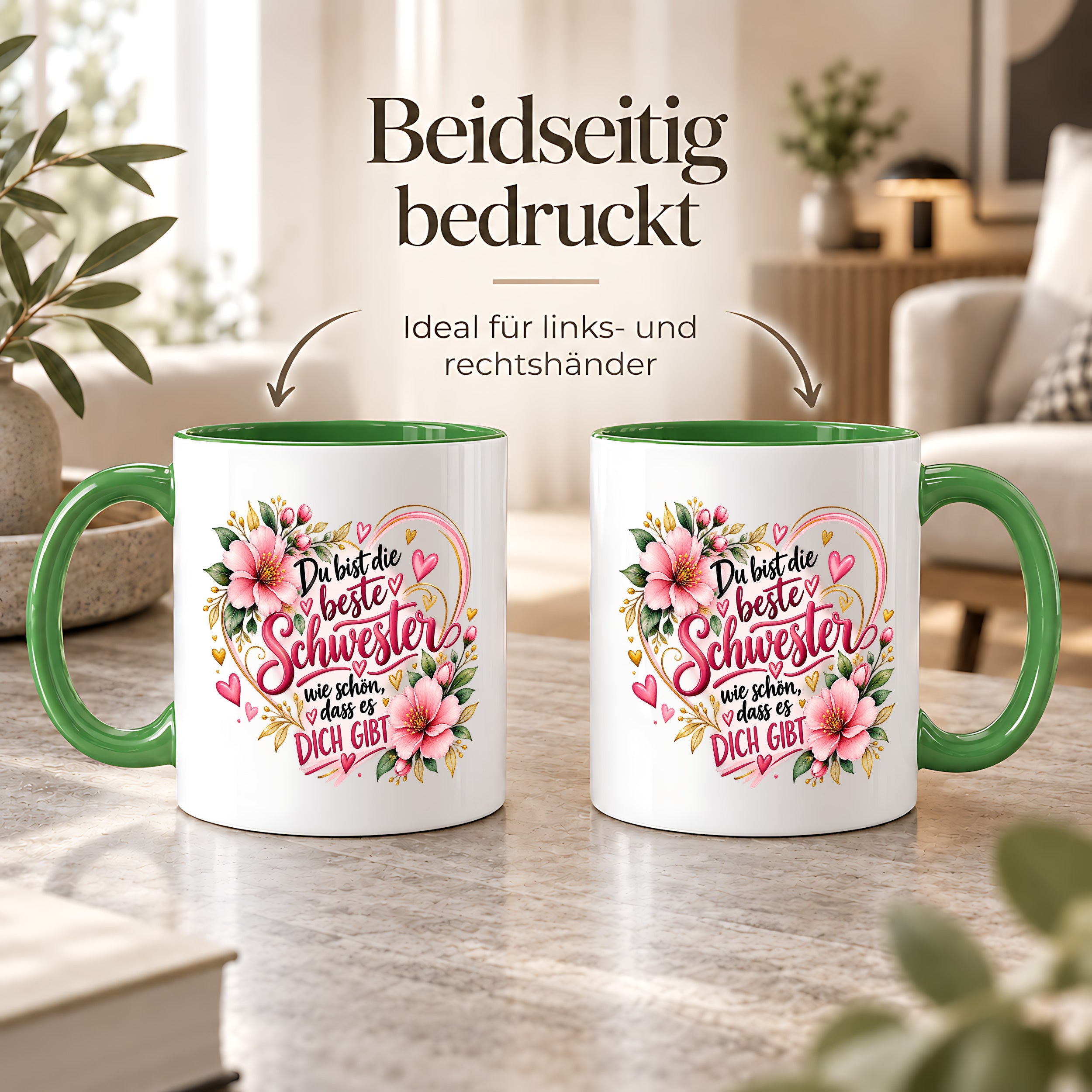 Herzbotschaft Schwester Tasse – Du bist die beste Schwester, wie schön dass es dich gibt – Kaffeetasse 330 ml mit rosa Blumen und Herzen – Geschenk für Schwester zum Geburtstag, Weihnachten, als Dankeschön oder kleine Aufmerksamkeit