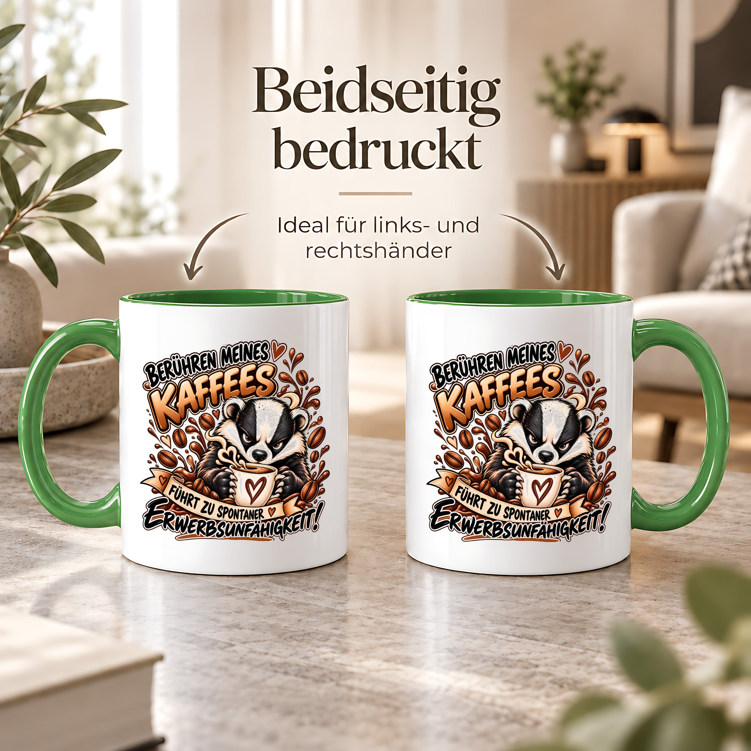 Herzbotschaft Dachs Tasse – Berühren meines Kaffees führt zu spontaner Erwerbsunfähigkeit – Lustige Kaffeetasse mit frechem Dachs Motiv – Geschenk für Kaffeeliebhaber, Kollegen und Büro – 330 ml