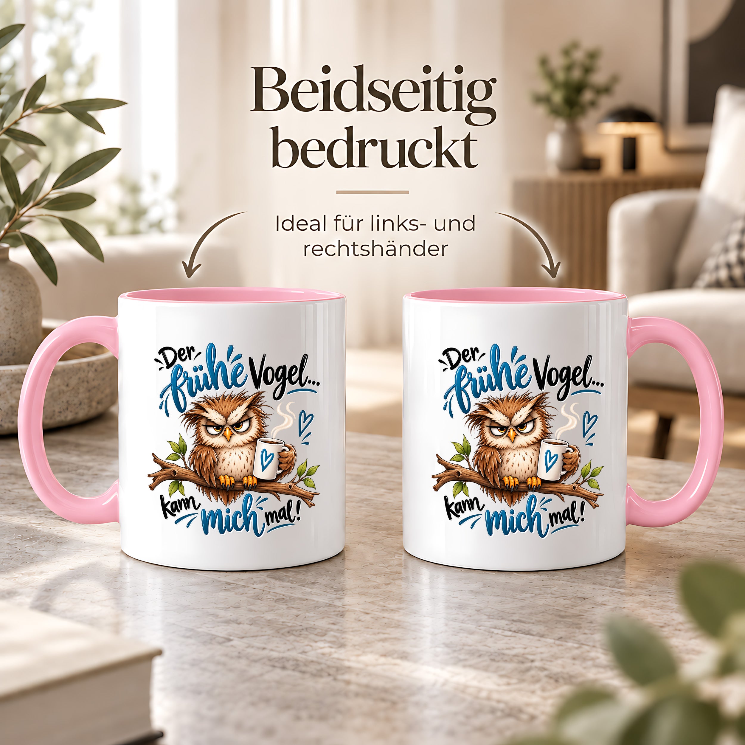 Herzbotschaft Eulen Tasse – Der frühe Vogel kann mich mal – Lustige Kaffeetasse mit mürrischer Eule und Kaffee – Geschenk für Morgenmuffel, Langschläfer, Kaffeeliebhaber, Kollegen und Freunde – 330 ml