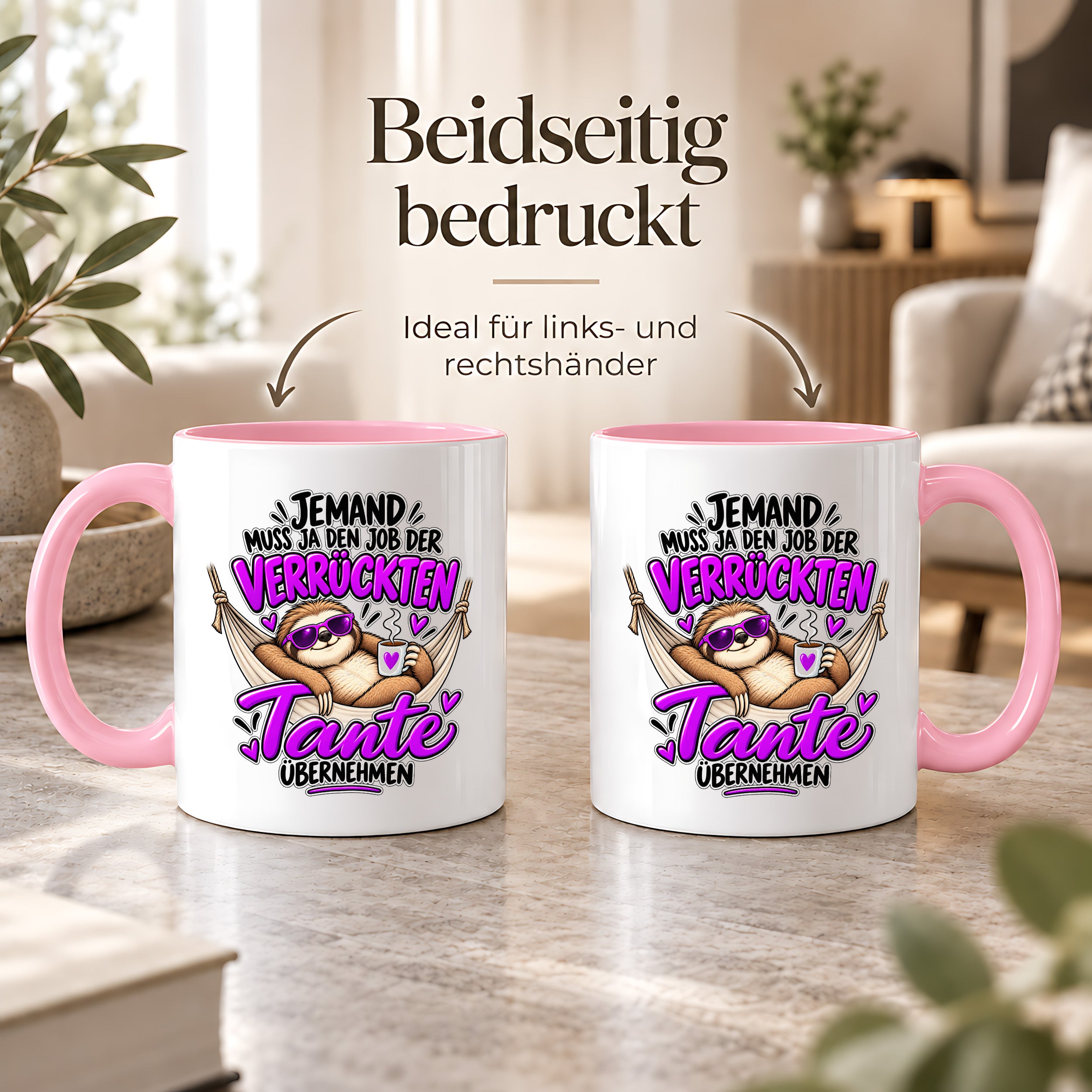 Herzbotschaft Verrückte Tante Tasse – Jemand muss ja den Job der verrückten Tante übernehmen – Lustige Kaffeetasse 330 ml mit Faultier Motiv – Geschenk für Tante, Lieblingstante, Schwester und Schwägerin – Originelle Spruchtasse mit Humor