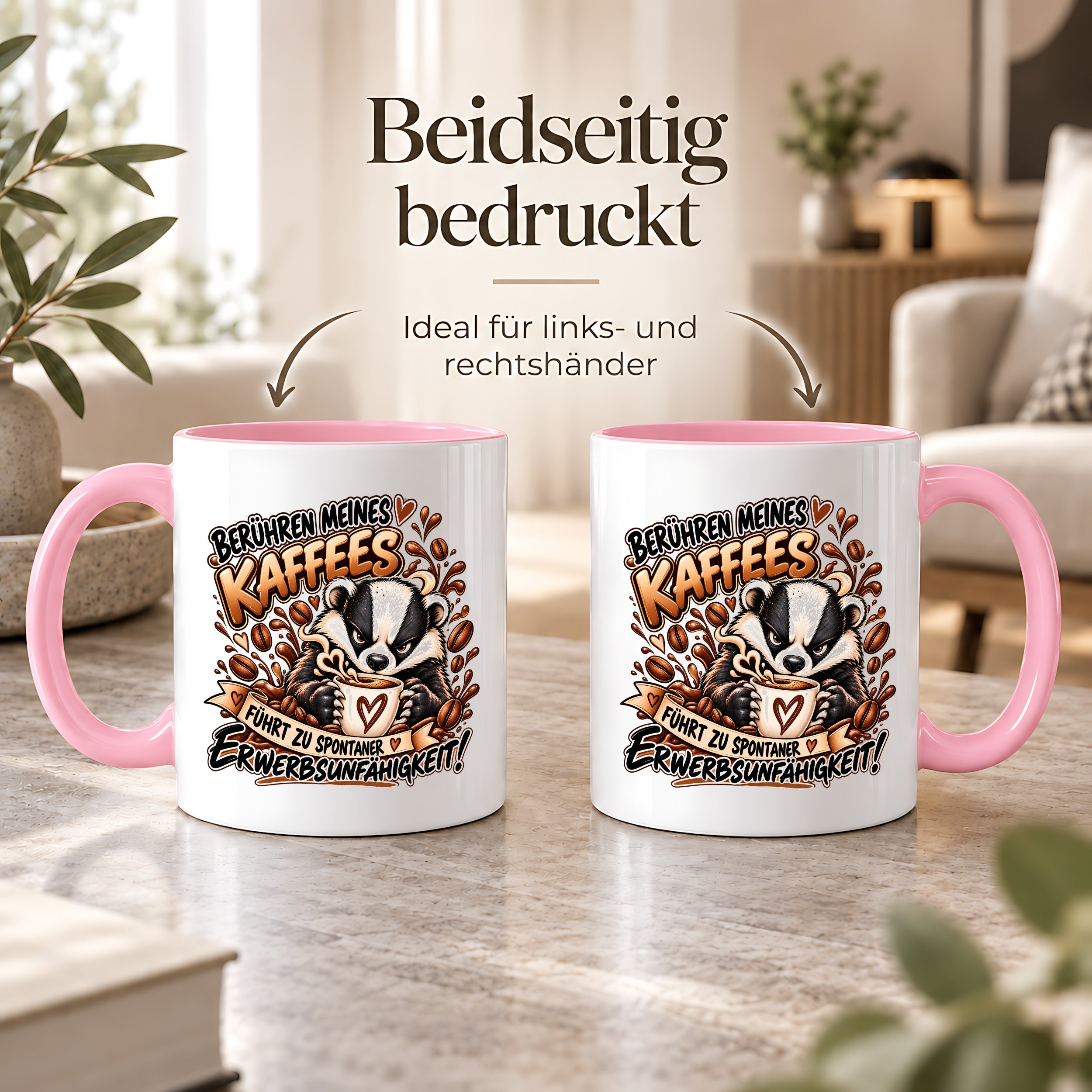 Herzbotschaft Dachs Tasse – Berühren meines Kaffees führt zu spontaner Erwerbsunfähigkeit – Lustige Kaffeetasse mit frechem Dachs Motiv – Geschenk für Kaffeeliebhaber, Kollegen und Büro – 330 ml