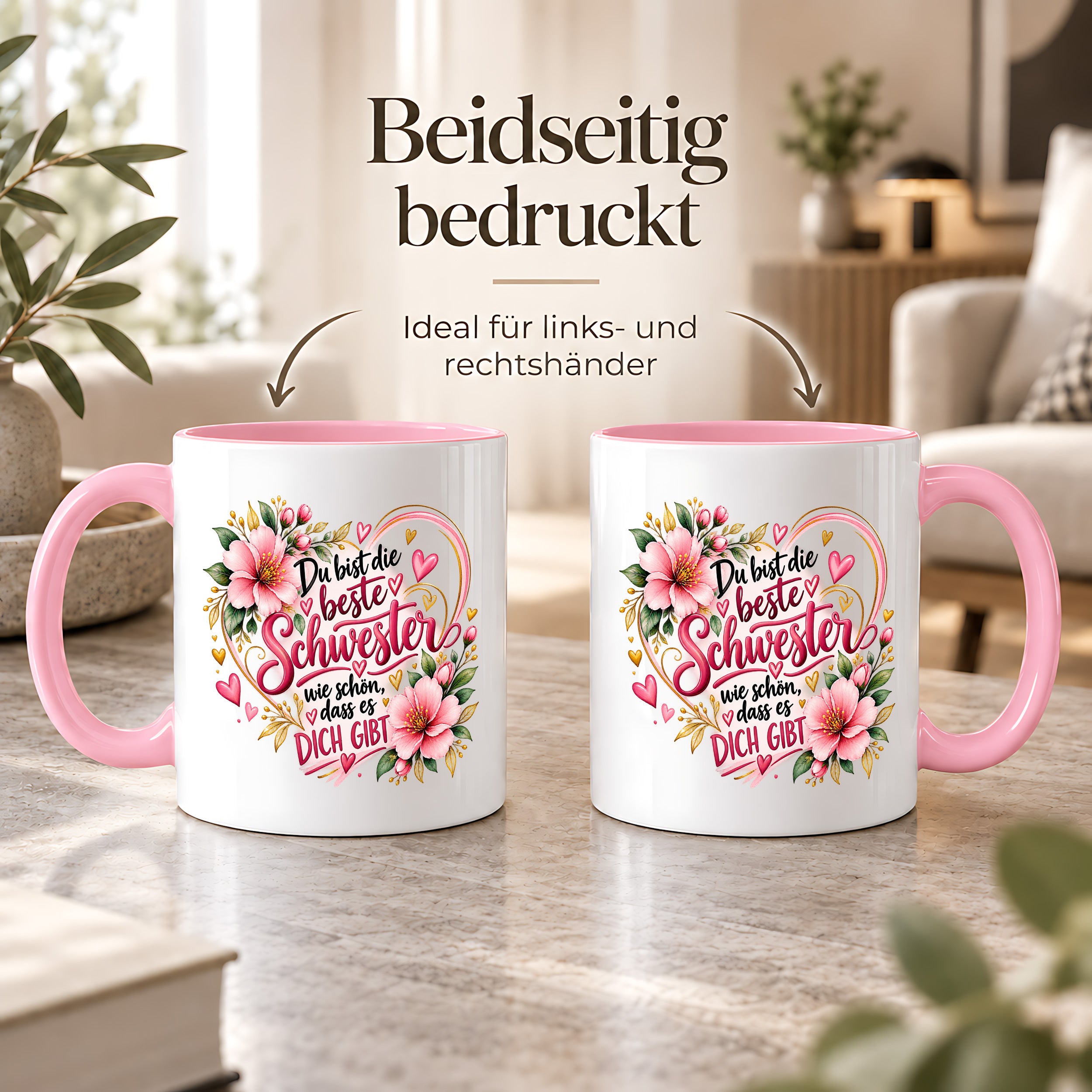 Herzbotschaft Schwester Tasse – Du bist die beste Schwester, wie schön dass es dich gibt – Kaffeetasse 330 ml mit rosa Blumen und Herzen – Geschenk für Schwester zum Geburtstag, Weihnachten, als Dankeschön oder kleine Aufmerksamkeit