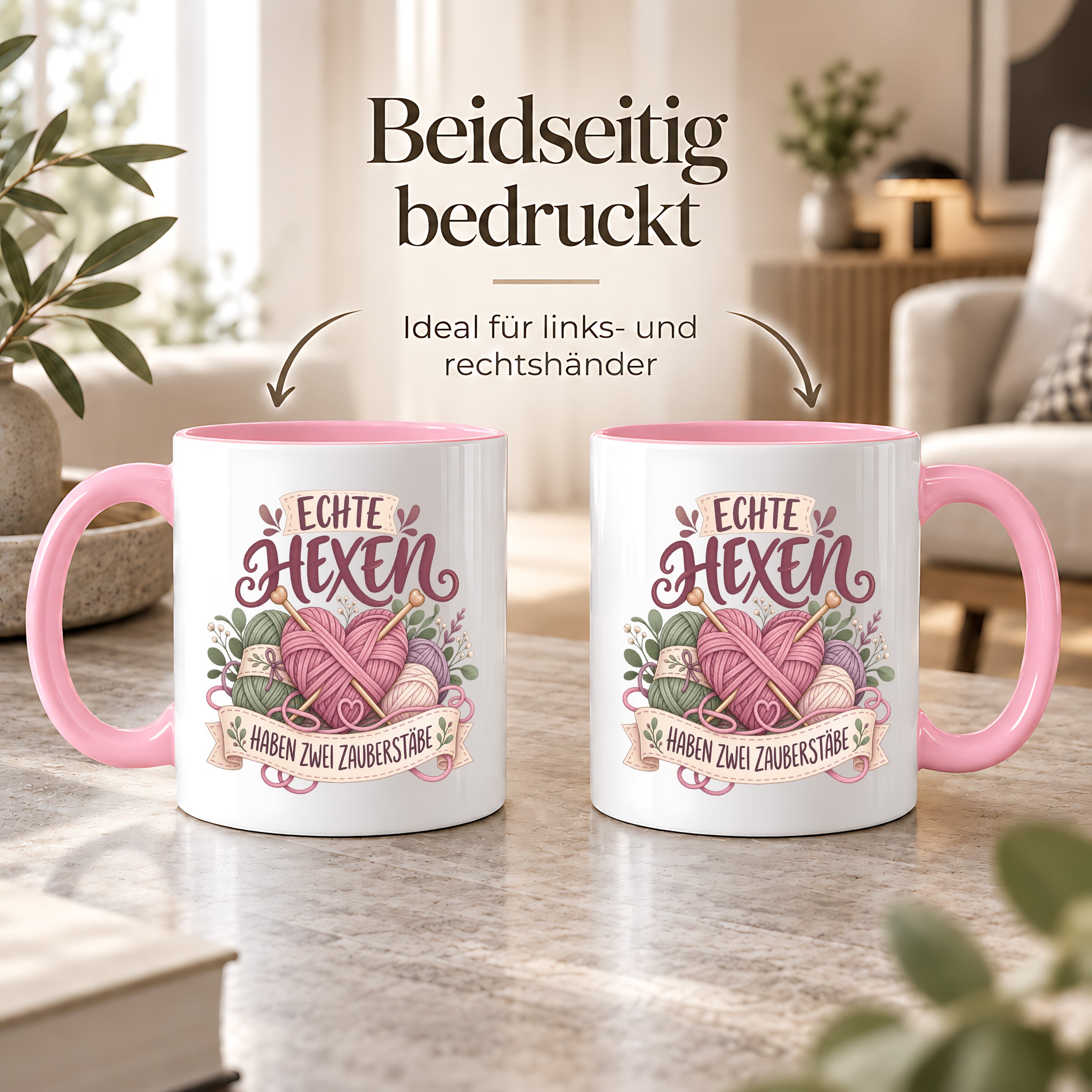 Stricken Tasse Echte Hexen haben zwei Zauberstäbe 330 ml Geschenk für Strickerin Wolle Handarbeit Geburtstag Weihnachten