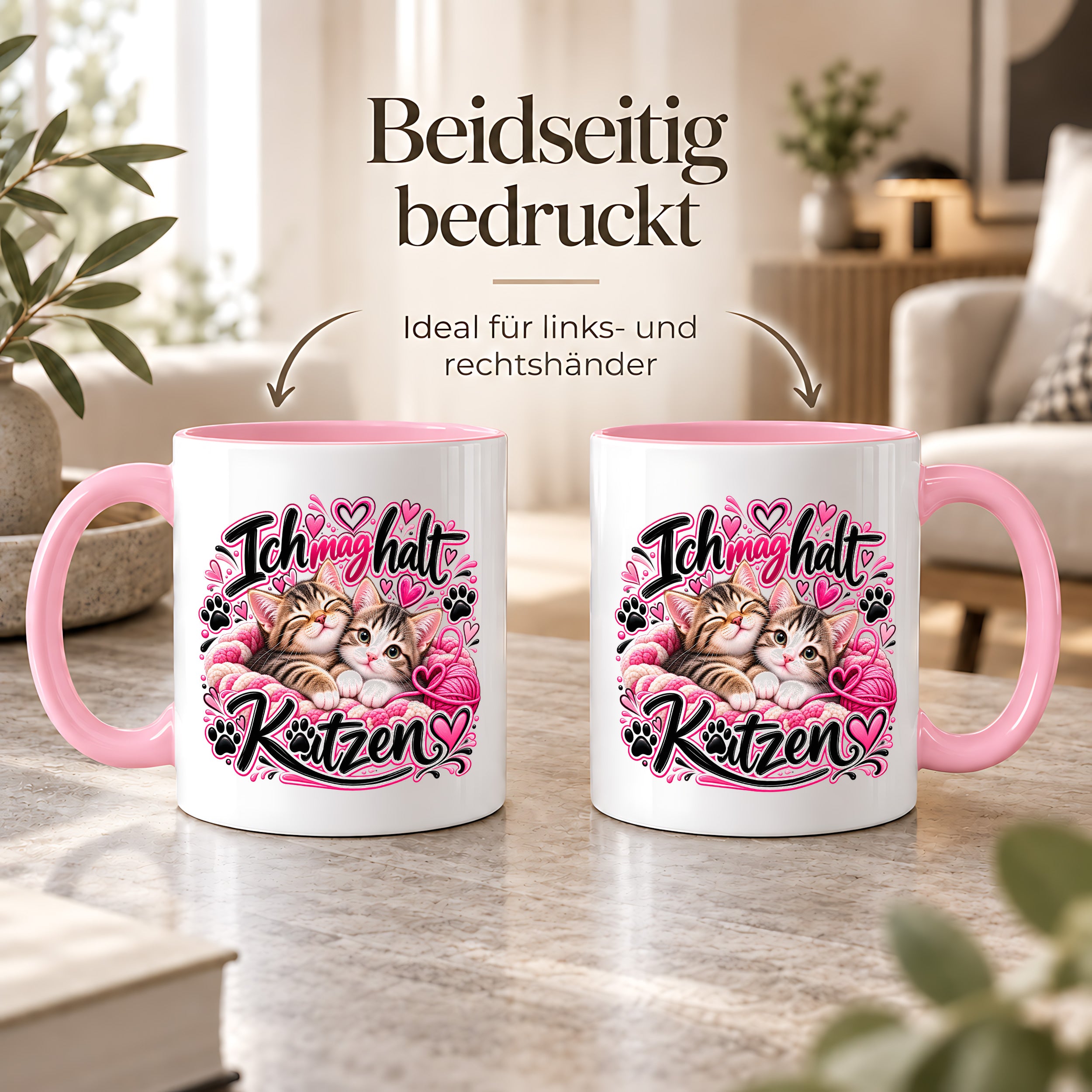 Herzbotschaft Katzen Tasse – Ich mag halt Katzen – Süße Kaffeetasse mit zwei Katzenbabys, Herzen und Pfoten – Geschenk für Katzenliebhaber, Katzenmama, Frauen und Freundin – 330 ml