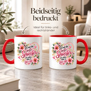 Herzbotschaft Schwester Tasse – Du bist die beste Schwester, wie schön dass es dich gibt – Kaffeetasse 330 ml mit rosa Blumen und Herzen – Geschenk für Schwester zum Geburtstag, Weihnachten, als Dankeschön oder kleine Aufmerksamkeit