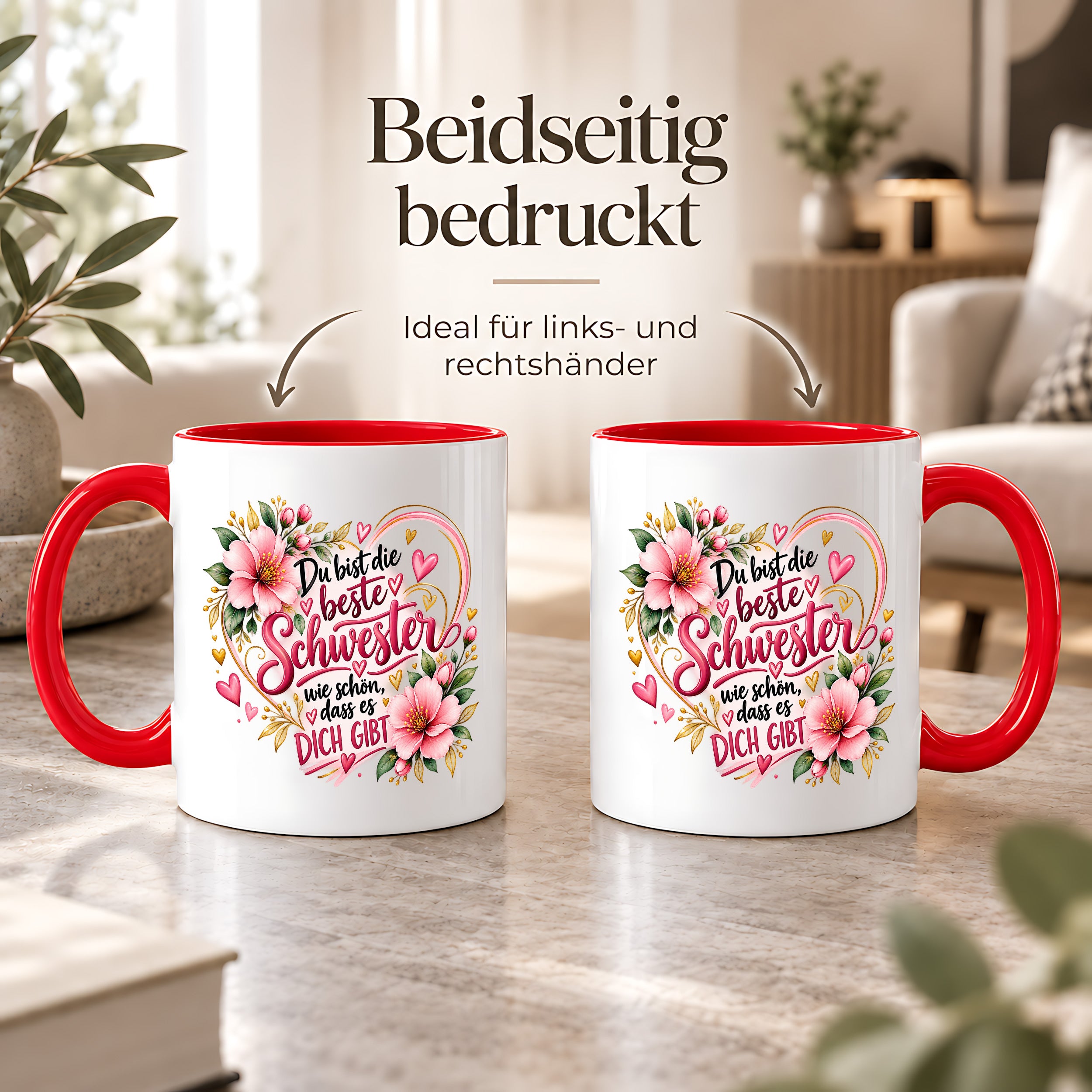 Herzbotschaft Schwester Tasse – Du bist die beste Schwester, wie schön dass es dich gibt – Kaffeetasse 330 ml mit rosa Blumen und Herzen – Geschenk für Schwester zum Geburtstag, Weihnachten, als Dankeschön oder kleine Aufmerksamkeit