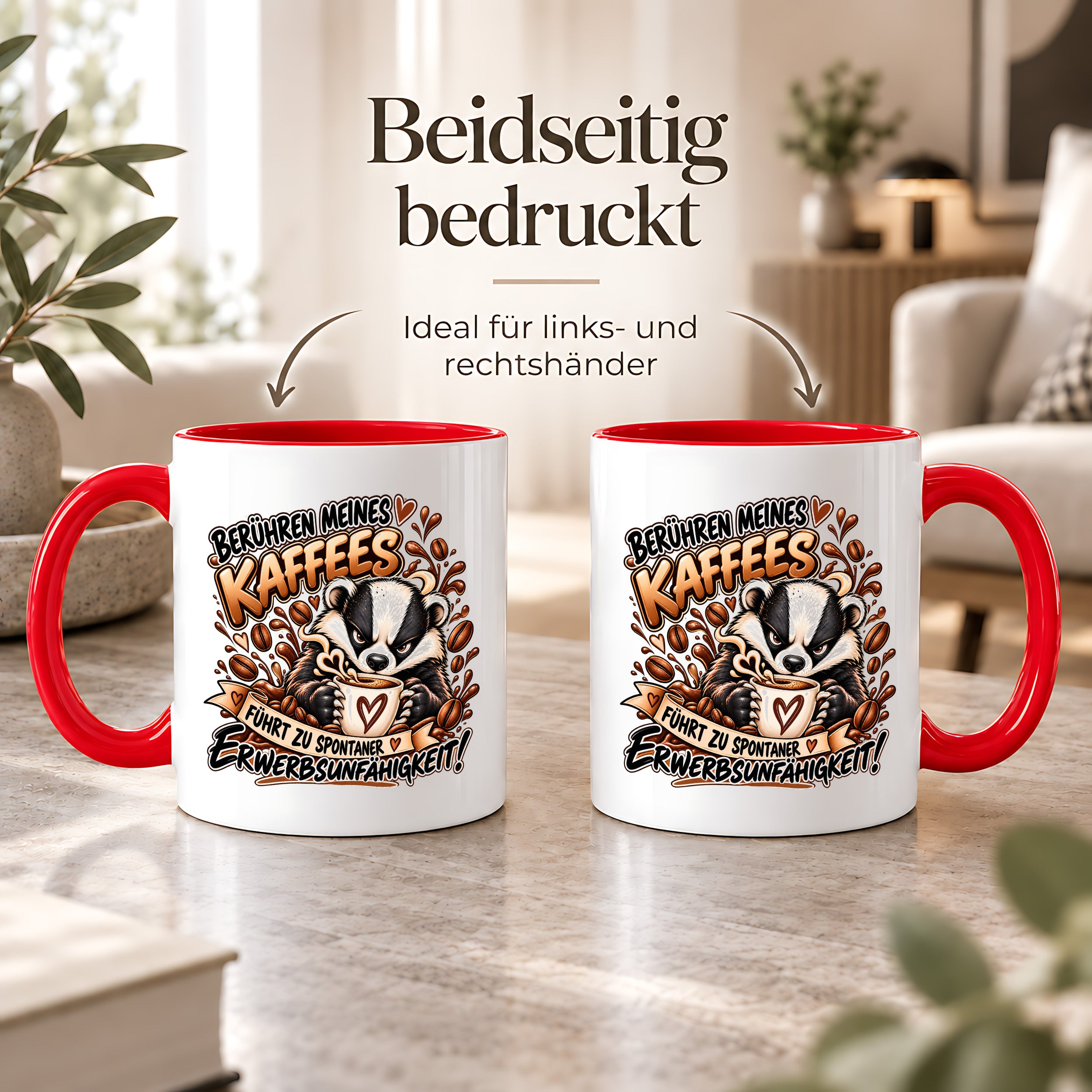 Herzbotschaft Dachs Tasse – Berühren meines Kaffees führt zu spontaner Erwerbsunfähigkeit – Lustige Kaffeetasse mit frechem Dachs Motiv – Geschenk für Kaffeeliebhaber, Kollegen und Büro – 330 ml