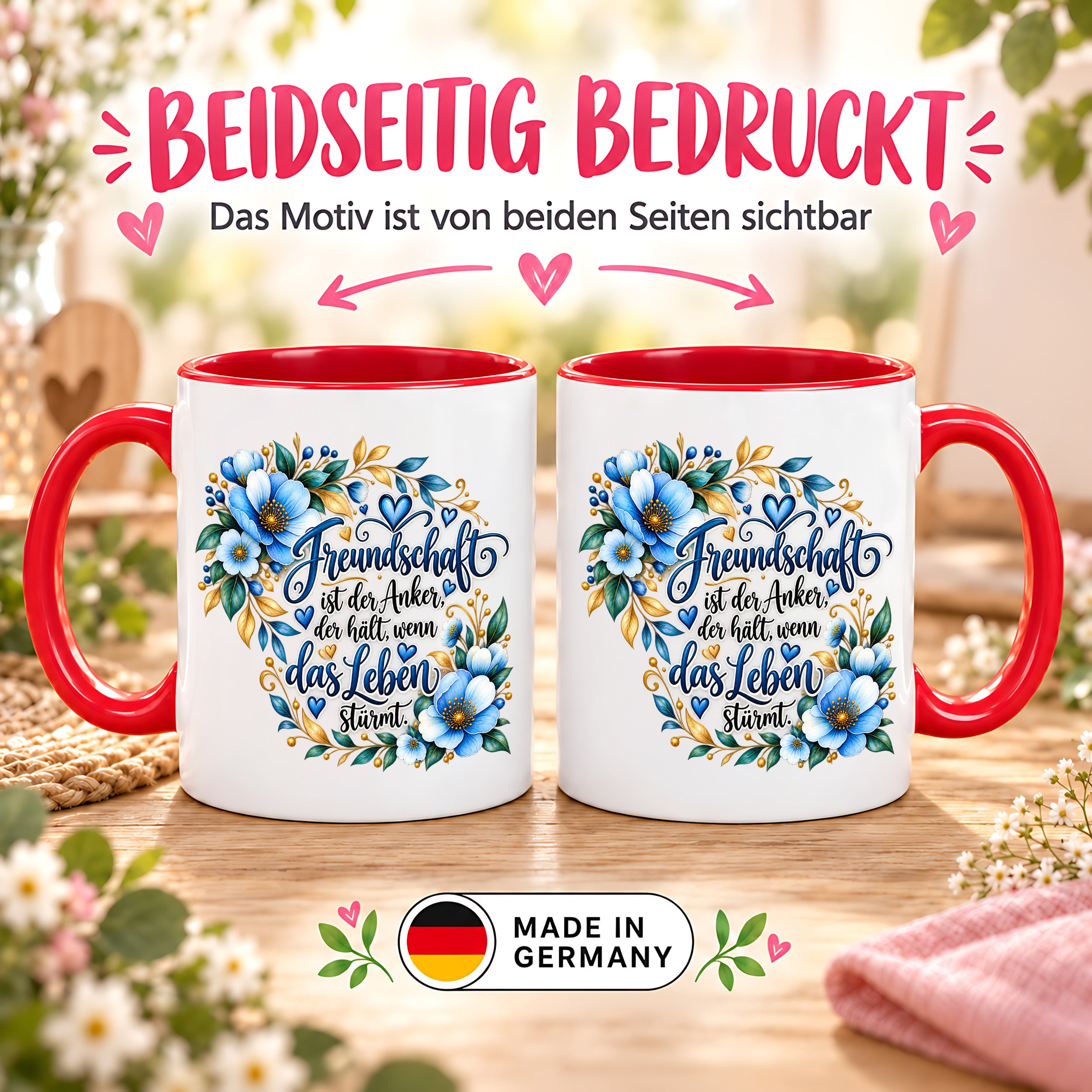 Herzbotschaft Freundschaft Tasse – Freundschaft ist der Anker, der hält, wenn das Leben stürmt – Kaffeetasse mit blauen Blumen und Herzen – Geschenk für beste Freundin, Freund, BFF und Lieblingsmensch – 330 ml