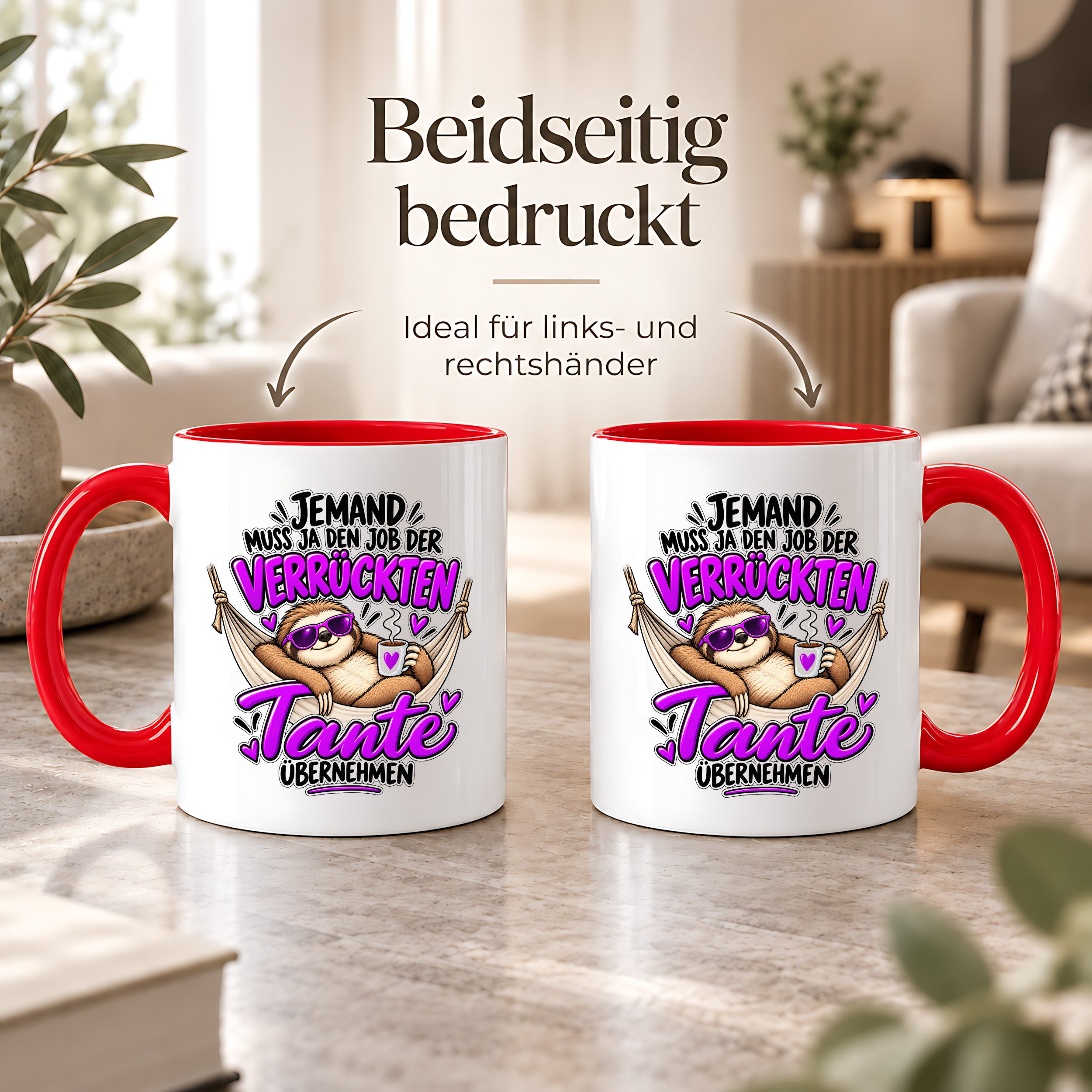 Herzbotschaft Verrückte Tante Tasse – Jemand muss ja den Job der verrückten Tante übernehmen – Lustige Kaffeetasse 330 ml mit Faultier Motiv – Geschenk für Tante, Lieblingstante, Schwester und Schwägerin – Originelle Spruchtasse mit Humor