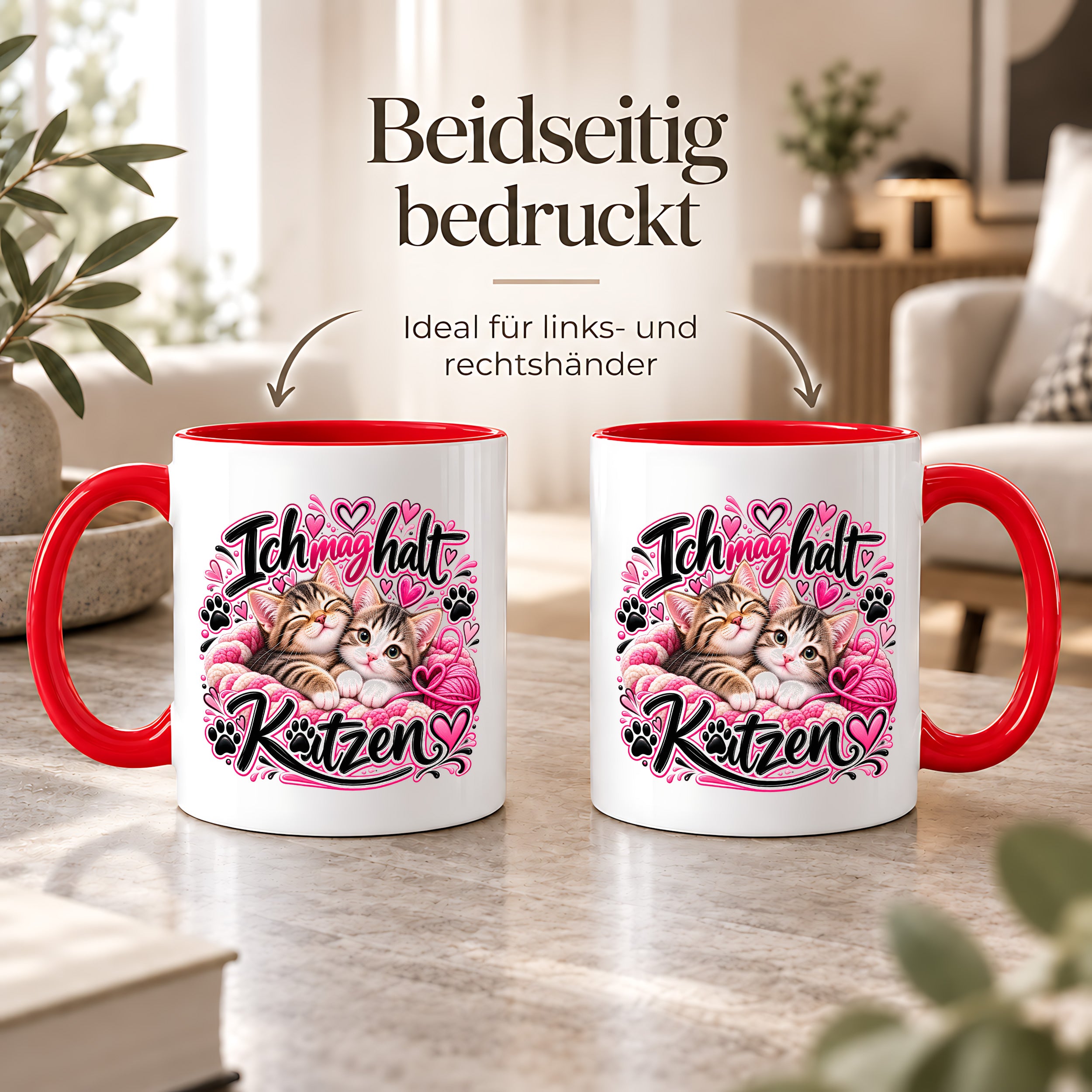 Herzbotschaft Katzen Tasse – Ich mag halt Katzen – Süße Kaffeetasse mit zwei Katzenbabys, Herzen und Pfoten – Geschenk für Katzenliebhaber, Katzenmama, Frauen und Freundin – 330 ml