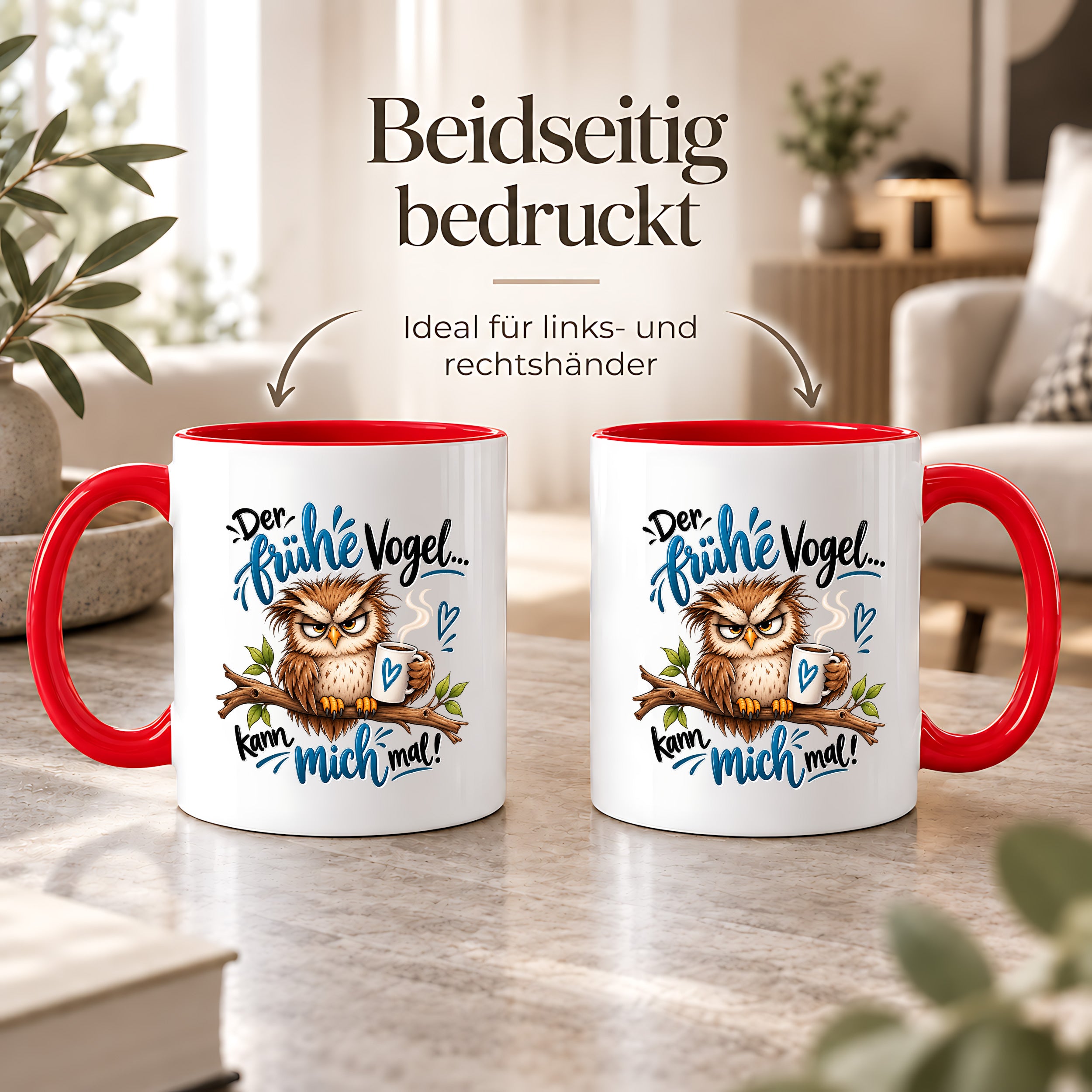 Herzbotschaft Eulen Tasse – Der frühe Vogel kann mich mal – Lustige Kaffeetasse mit mürrischer Eule und Kaffee – Geschenk für Morgenmuffel, Langschläfer, Kaffeeliebhaber, Kollegen und Freunde – 330 ml