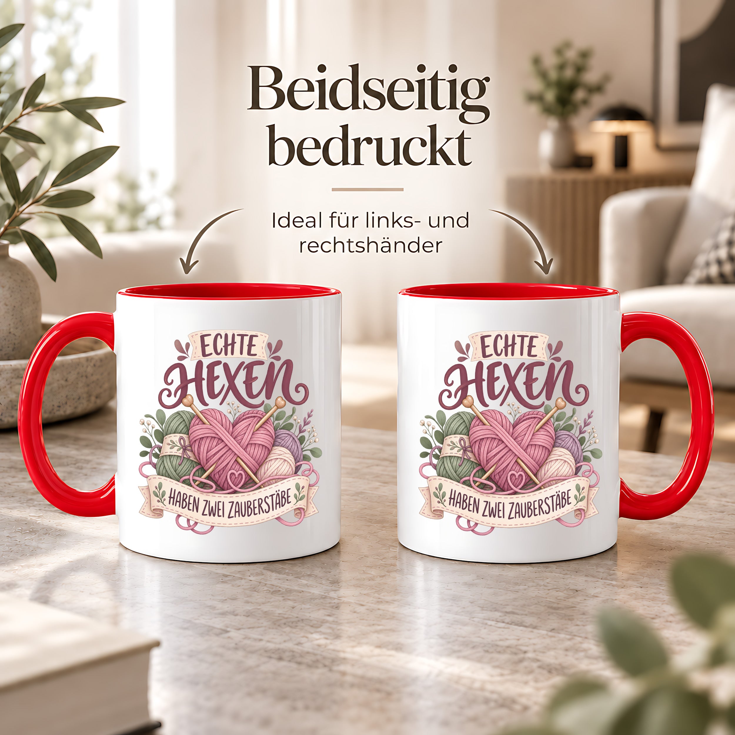 Stricken Tasse Echte Hexen haben zwei Zauberstäbe 330 ml Geschenk für Strickerin Wolle Handarbeit Geburtstag Weihnachten