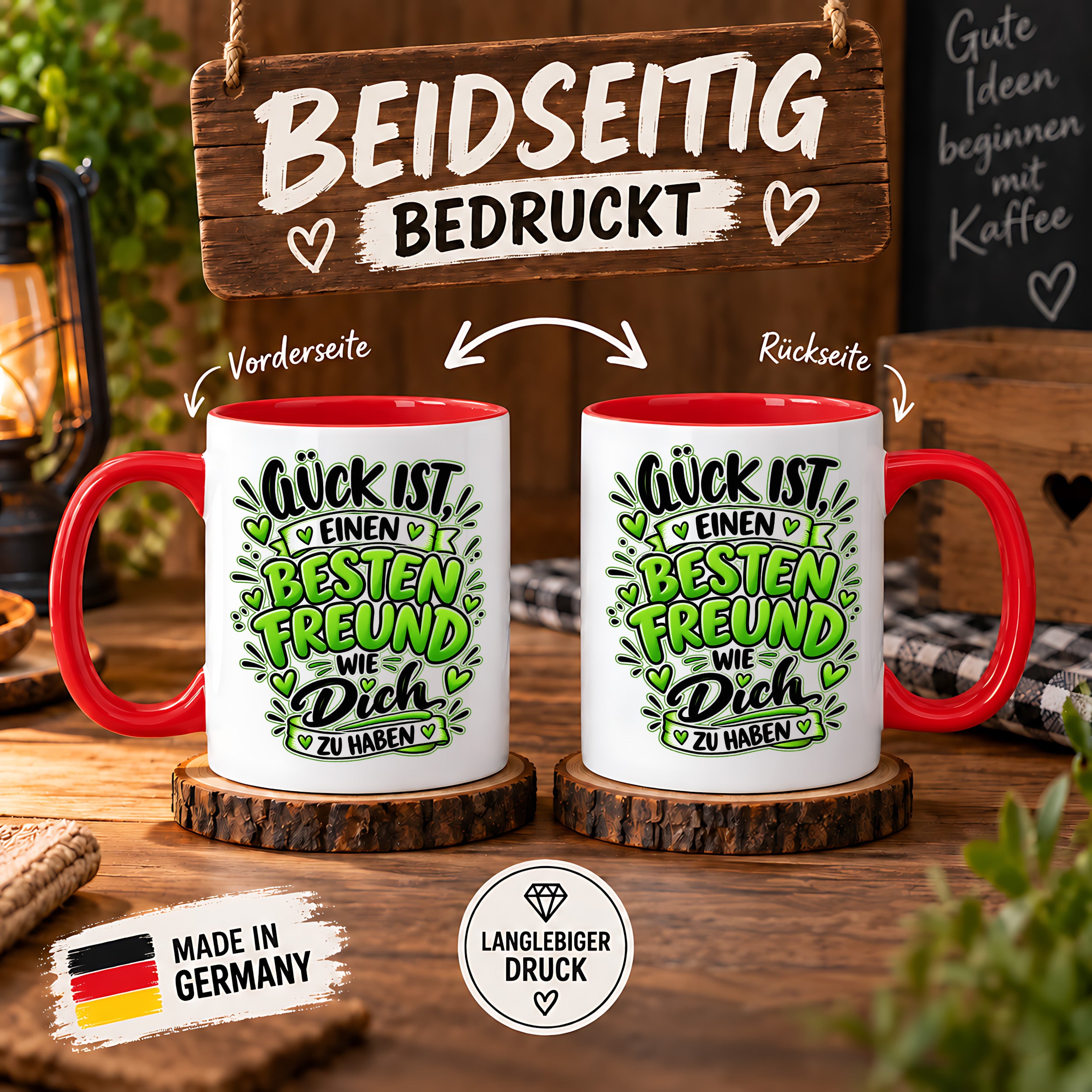 Herzbotschaft Bester Freund Tasse – Glück ist einen besten Freund wie dich zu haben – Kaffeetasse 330 ml mit Freundschaftsspruch und grünem Herz Motiv – Geschenk für besten Freund, Kumpel und Lieblingsmenschen – Freundschaft Geschenkidee