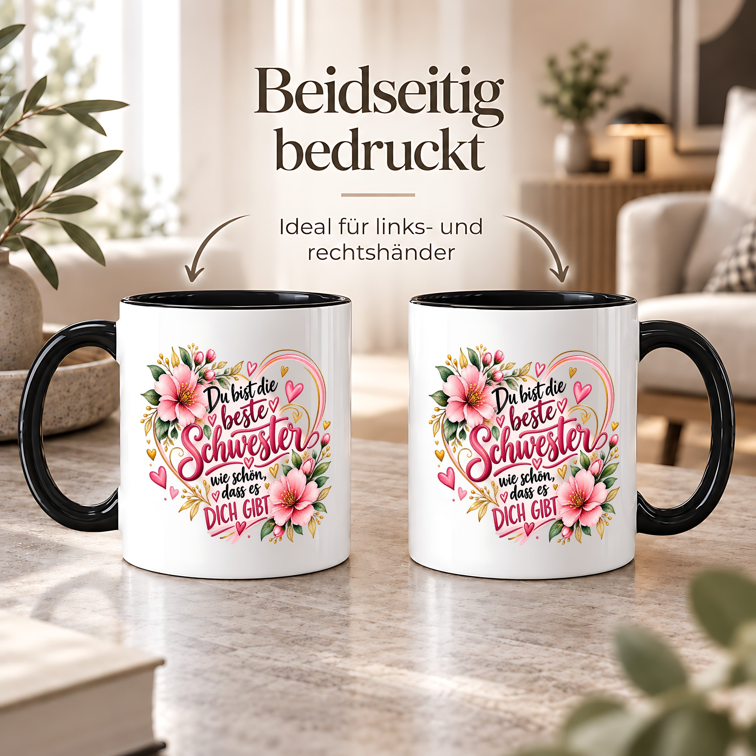 Herzbotschaft Schwester Tasse – Du bist die beste Schwester, wie schön dass es dich gibt – Kaffeetasse 330 ml mit rosa Blumen und Herzen – Geschenk für Schwester zum Geburtstag, Weihnachten, als Dankeschön oder kleine Aufmerksamkeit