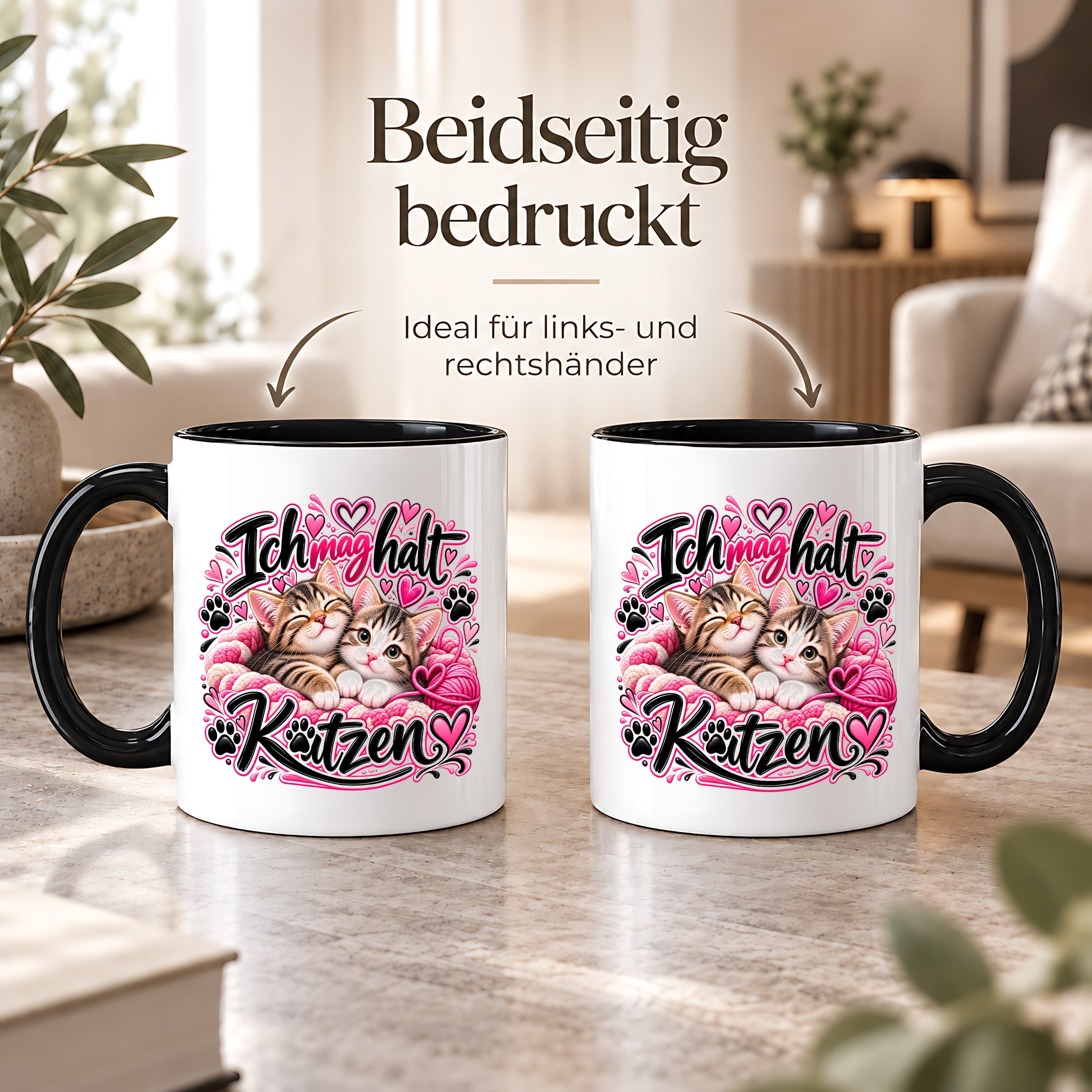 Herzbotschaft Katzen Tasse – Ich mag halt Katzen – Süße Kaffeetasse mit zwei Katzenbabys, Herzen und Pfoten – Geschenk für Katzenliebhaber, Katzenmama, Frauen und Freundin – 330 ml