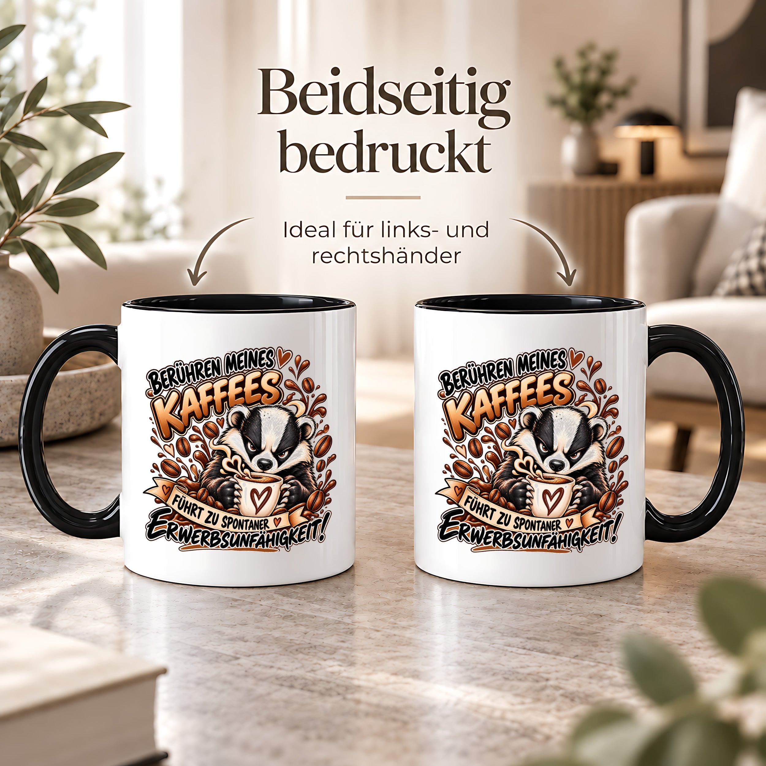 Herzbotschaft Dachs Tasse – Berühren meines Kaffees führt zu spontaner Erwerbsunfähigkeit – Lustige Kaffeetasse mit frechem Dachs Motiv – Geschenk für Kaffeeliebhaber, Kollegen und Büro – 330 ml