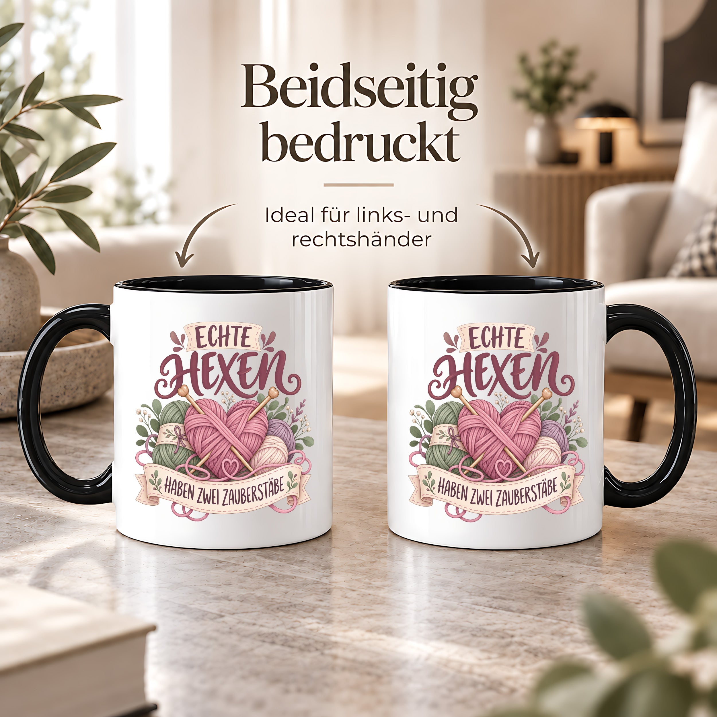 Stricken Tasse Echte Hexen haben zwei Zauberstäbe 330 ml Geschenk für Strickerin Wolle Handarbeit Geburtstag Weihnachten