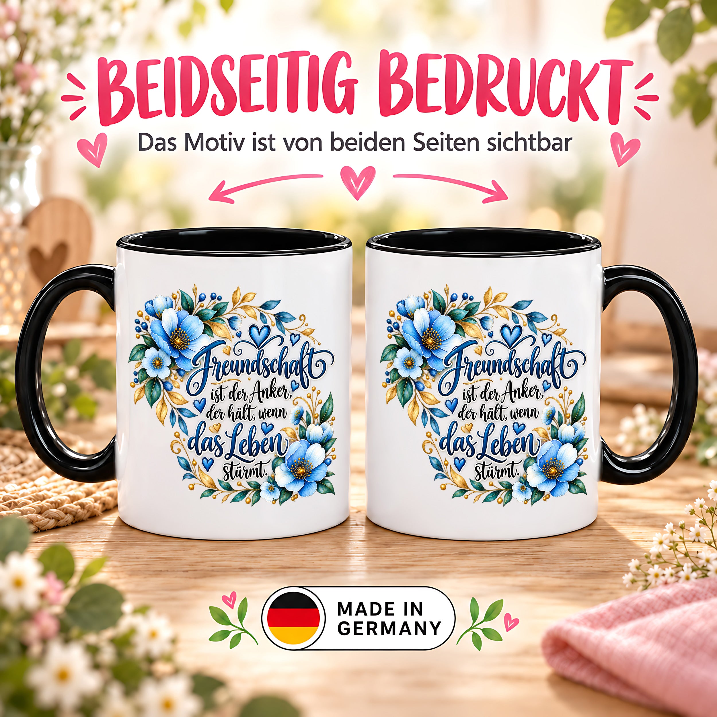 Herzbotschaft Freundschaft Tasse – Freundschaft ist der Anker, der hält, wenn das Leben stürmt – Kaffeetasse mit blauen Blumen und Herzen – Geschenk für beste Freundin, Freund, BFF und Lieblingsmensch – 330 ml