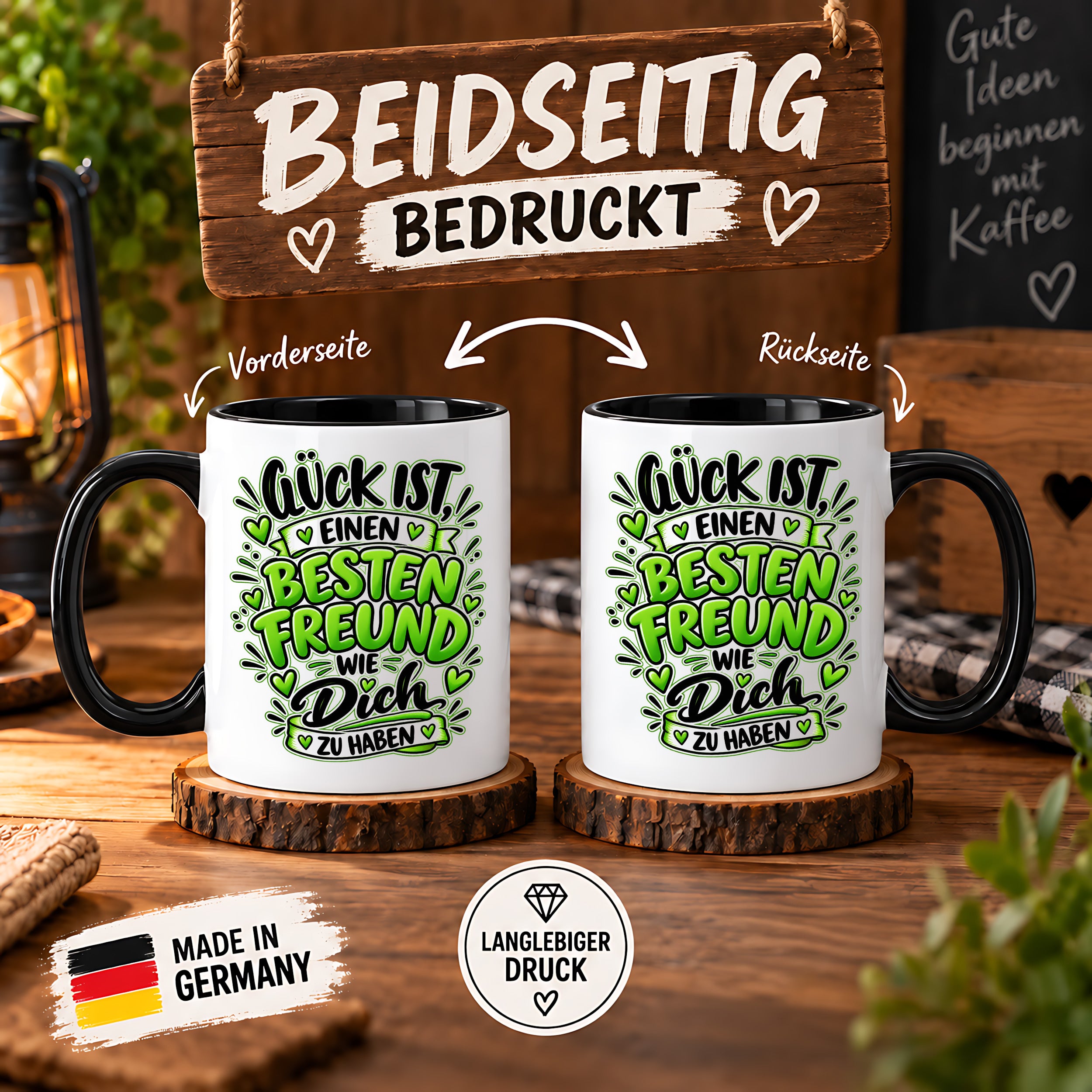Herzbotschaft Bester Freund Tasse – Glück ist einen besten Freund wie dich zu haben – Kaffeetasse 330 ml mit Freundschaftsspruch und grünem Herz Motiv – Geschenk für besten Freund, Kumpel und Lieblingsmenschen – Freundschaft Geschenkidee