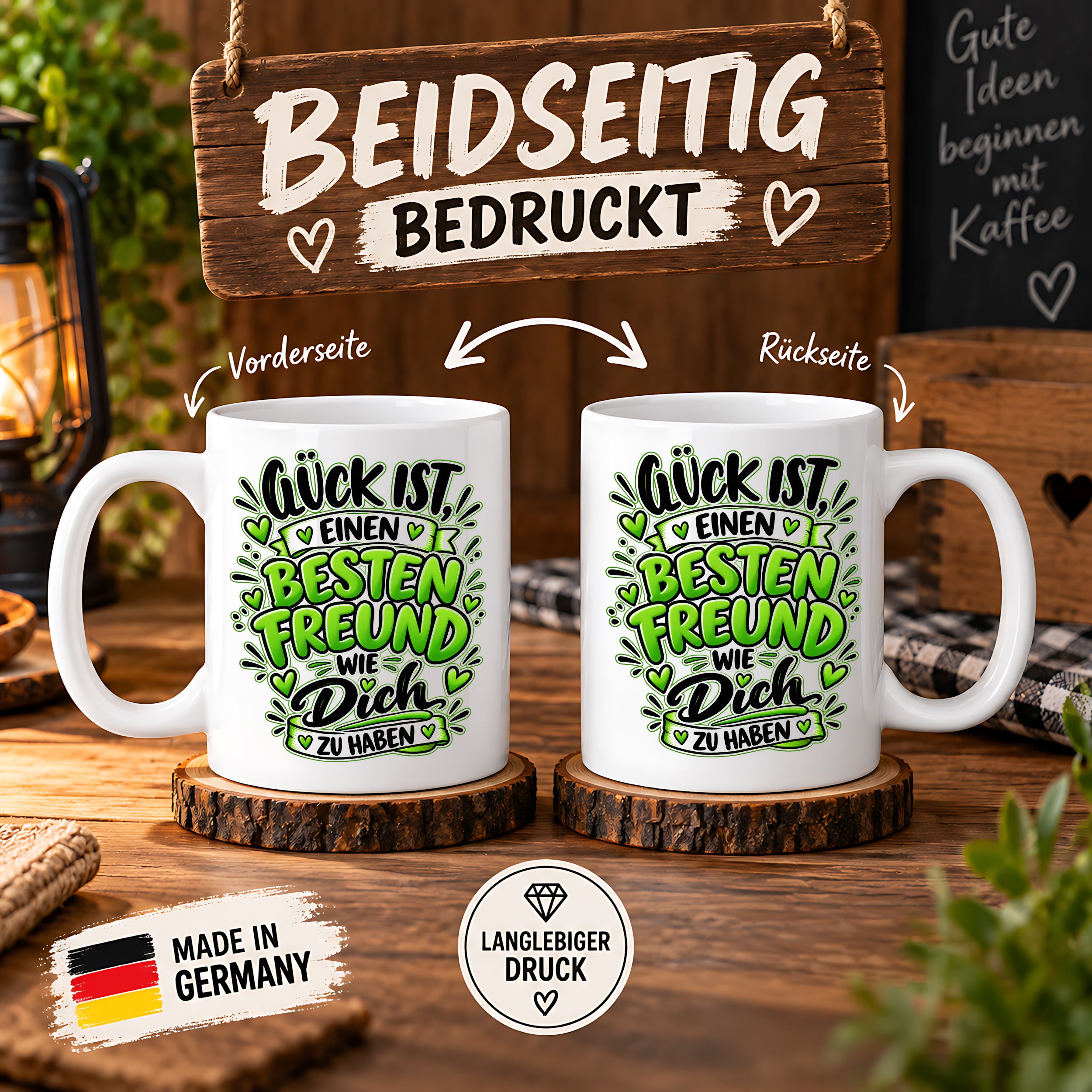 Herzbotschaft Bester Freund Tasse – Glück ist einen besten Freund wie dich zu haben – Kaffeetasse 330 ml mit Freundschaftsspruch und grünem Herz Motiv – Geschenk für besten Freund, Kumpel und Lieblingsmenschen – Freundschaft Geschenkidee