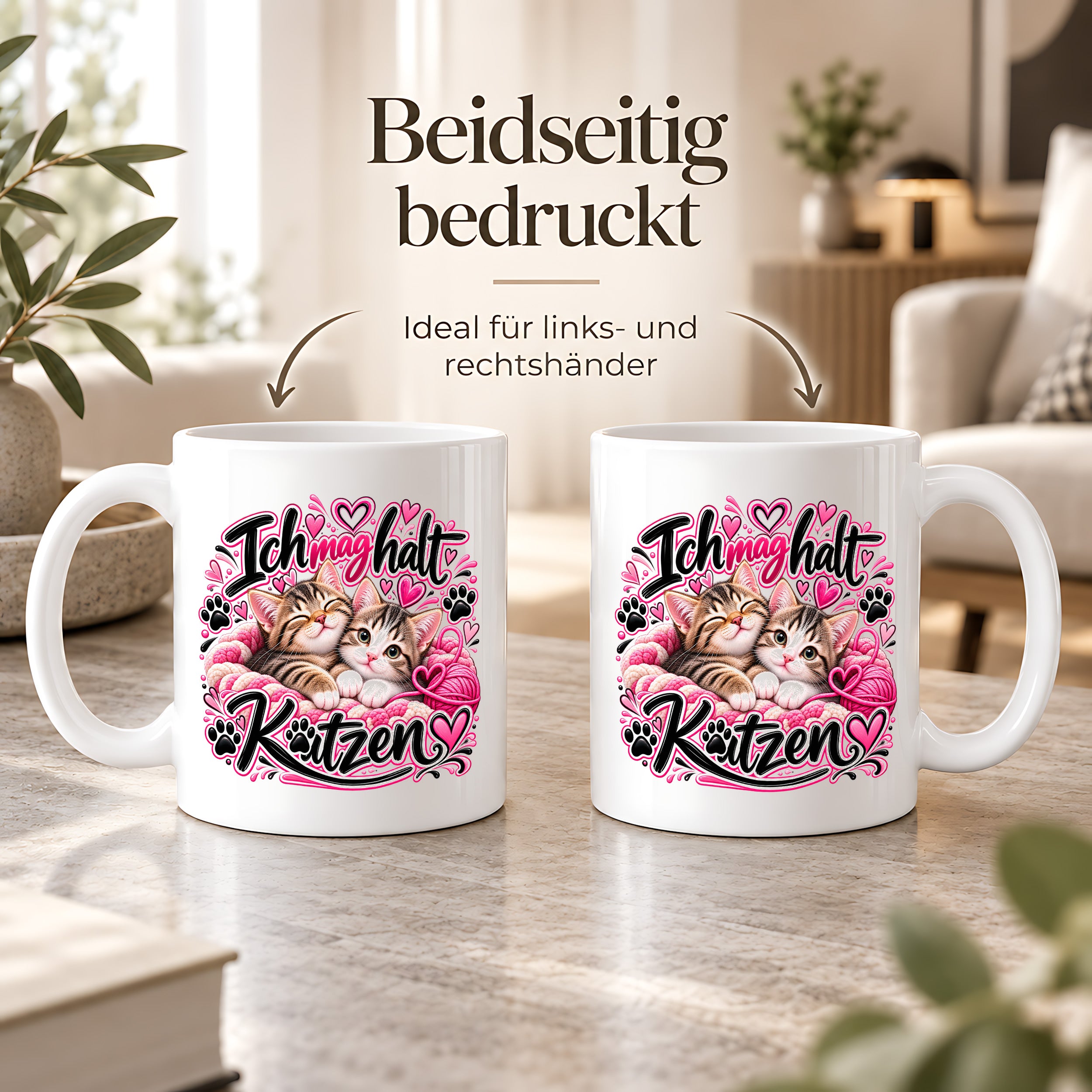Herzbotschaft Katzen Tasse – Ich mag halt Katzen – Süße Kaffeetasse mit zwei Katzenbabys, Herzen und Pfoten – Geschenk für Katzenliebhaber, Katzenmama, Frauen und Freundin – 330 ml