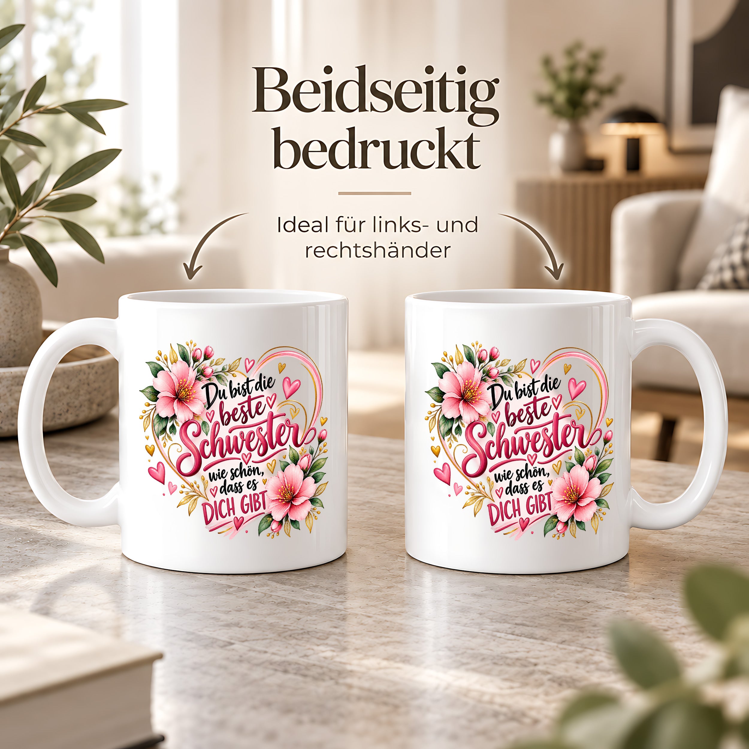 Herzbotschaft Schwester Tasse – Du bist die beste Schwester, wie schön dass es dich gibt – Kaffeetasse 330 ml mit rosa Blumen und Herzen – Geschenk für Schwester zum Geburtstag, Weihnachten, als Dankeschön oder kleine Aufmerksamkeit