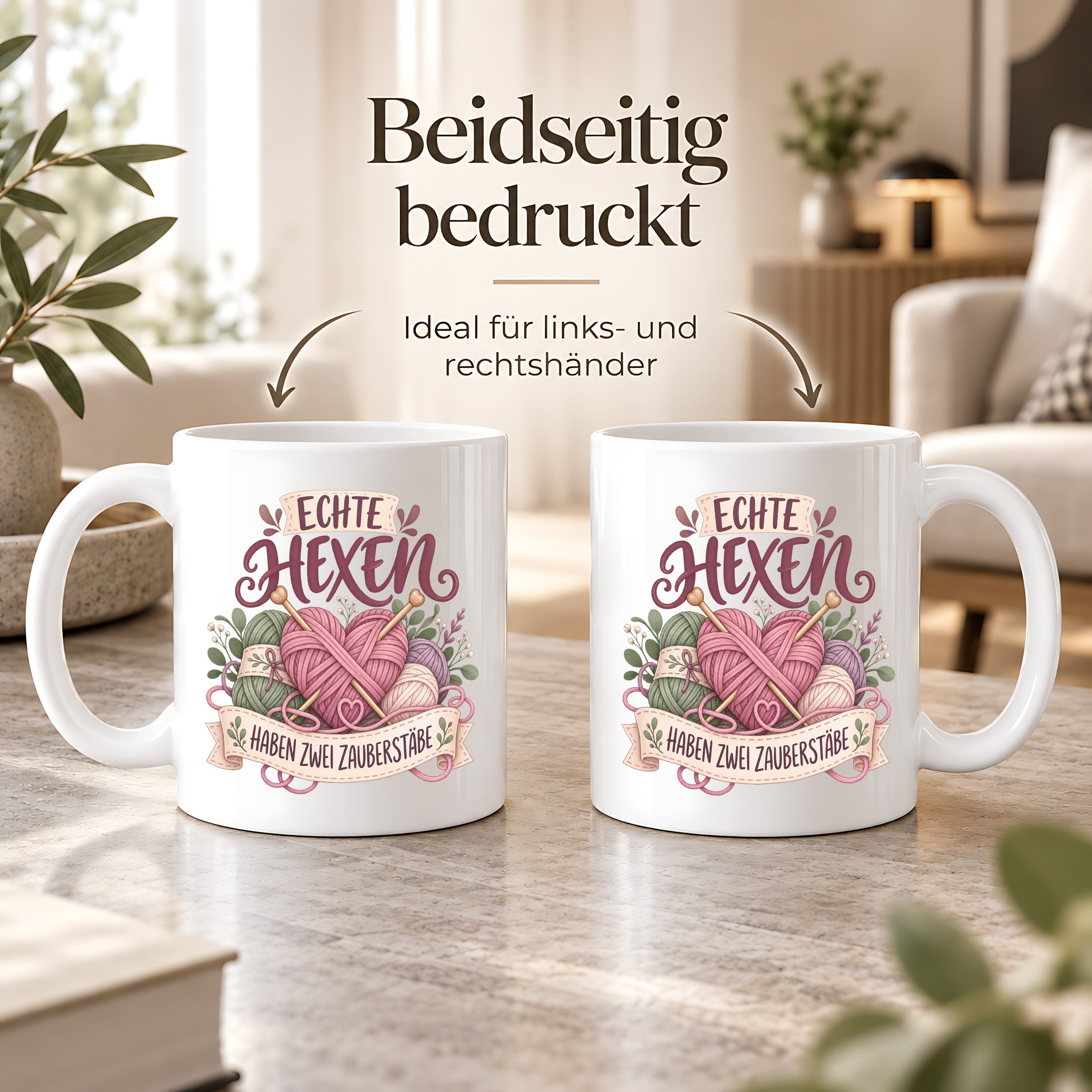 Stricken Tasse Echte Hexen haben zwei Zauberstäbe 330 ml Geschenk für Strickerin Wolle Handarbeit Geburtstag Weihnachten