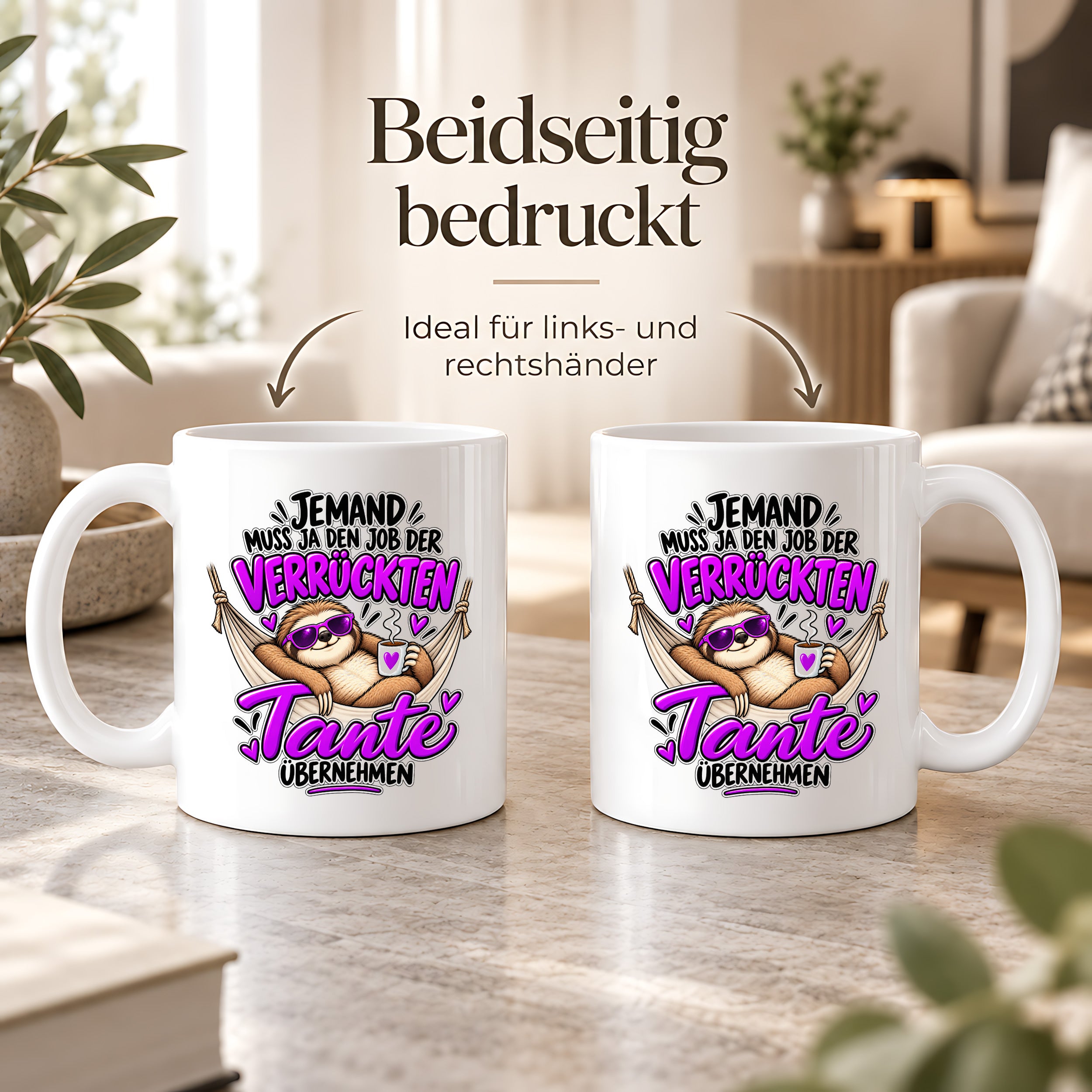 Herzbotschaft Verrückte Tante Tasse – Jemand muss ja den Job der verrückten Tante übernehmen – Lustige Kaffeetasse 330 ml mit Faultier Motiv – Geschenk für Tante, Lieblingstante, Schwester und Schwägerin – Originelle Spruchtasse mit Humor