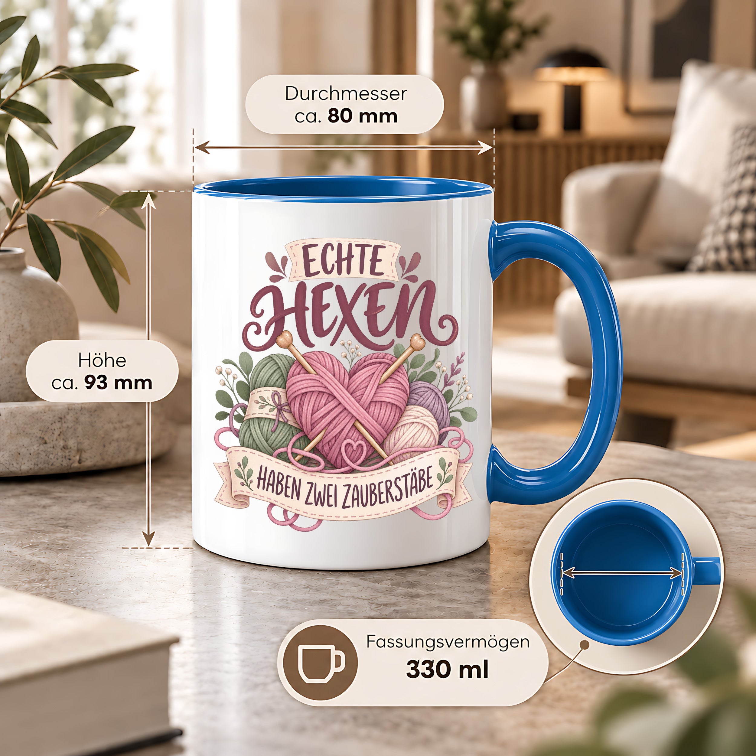 Stricken Tasse Echte Hexen haben zwei Zauberstäbe 330 ml Geschenk für Strickerin Wolle Handarbeit Geburtstag Weihnachten