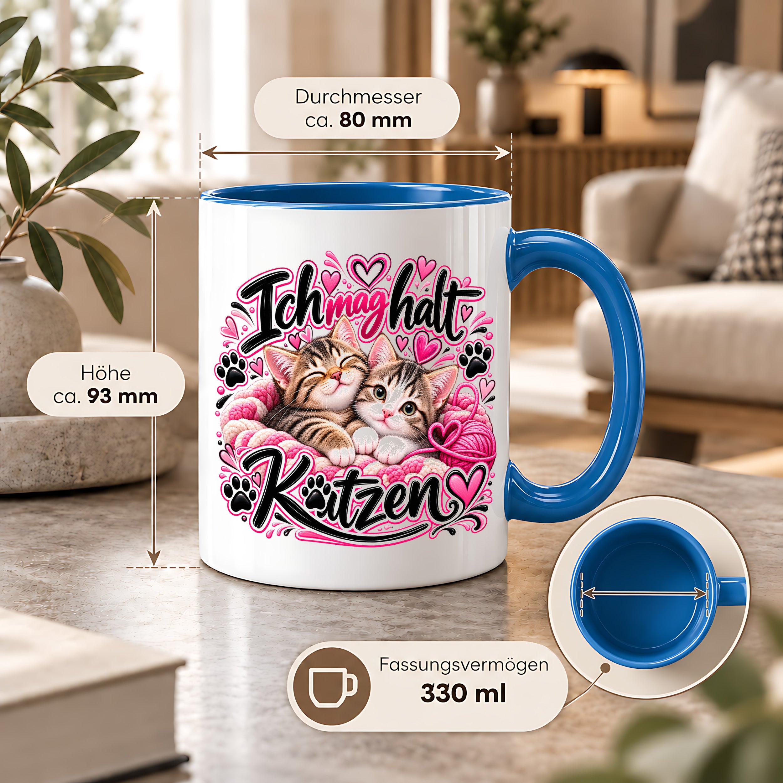 Herzbotschaft Katzen Tasse – Ich mag halt Katzen – Süße Kaffeetasse mit zwei Katzenbabys, Herzen und Pfoten – Geschenk für Katzenliebhaber, Katzenmama, Frauen und Freundin – 330 ml