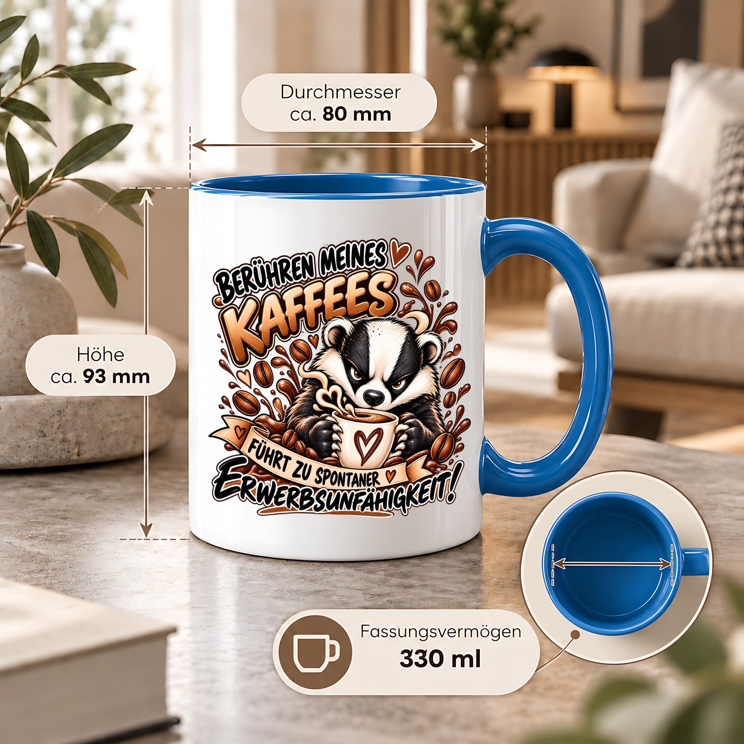 Herzbotschaft Dachs Tasse – Berühren meines Kaffees führt zu spontaner Erwerbsunfähigkeit – Lustige Kaffeetasse mit frechem Dachs Motiv – Geschenk für Kaffeeliebhaber, Kollegen und Büro – 330 ml