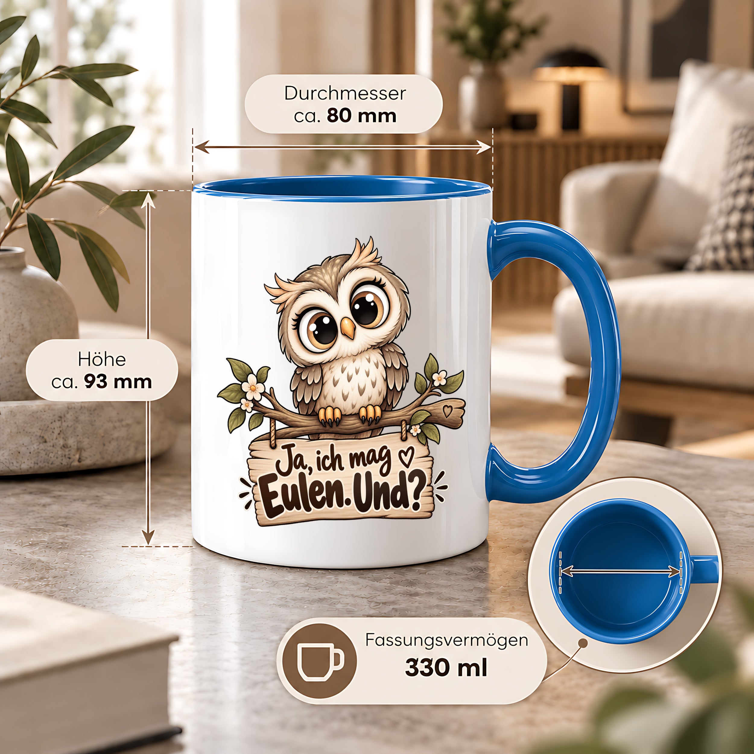 Tasse Eulenfan lustiger Spruch Ja ich mag Eulen Geschenk für Eulenliebhaber Freundin Kollegin Geburtstag Weihnachten 330 ml