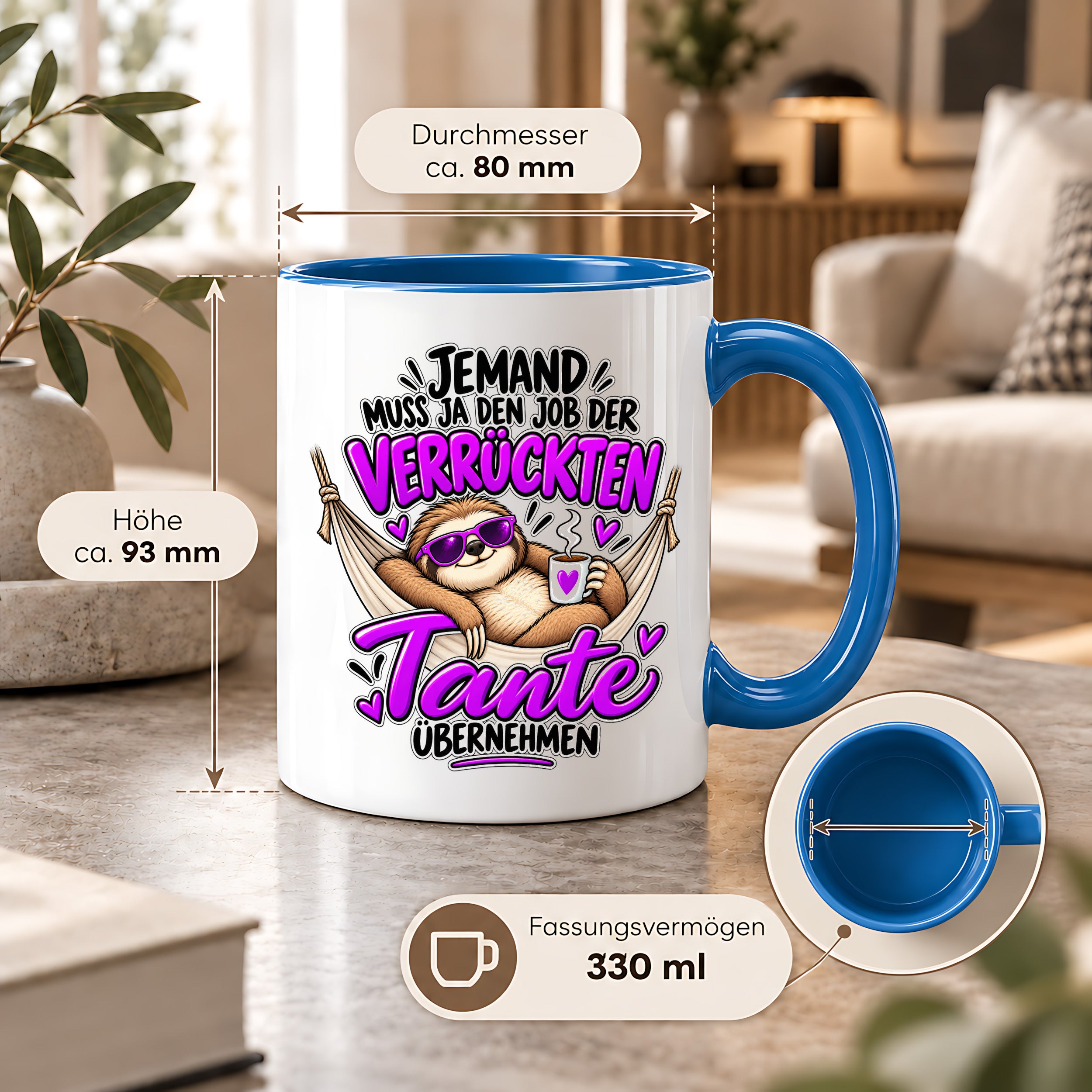 Herzbotschaft Verrückte Tante Tasse – Jemand muss ja den Job der verrückten Tante übernehmen – Lustige Kaffeetasse 330 ml mit Faultier Motiv – Geschenk für Tante, Lieblingstante, Schwester und Schwägerin – Originelle Spruchtasse mit Humor