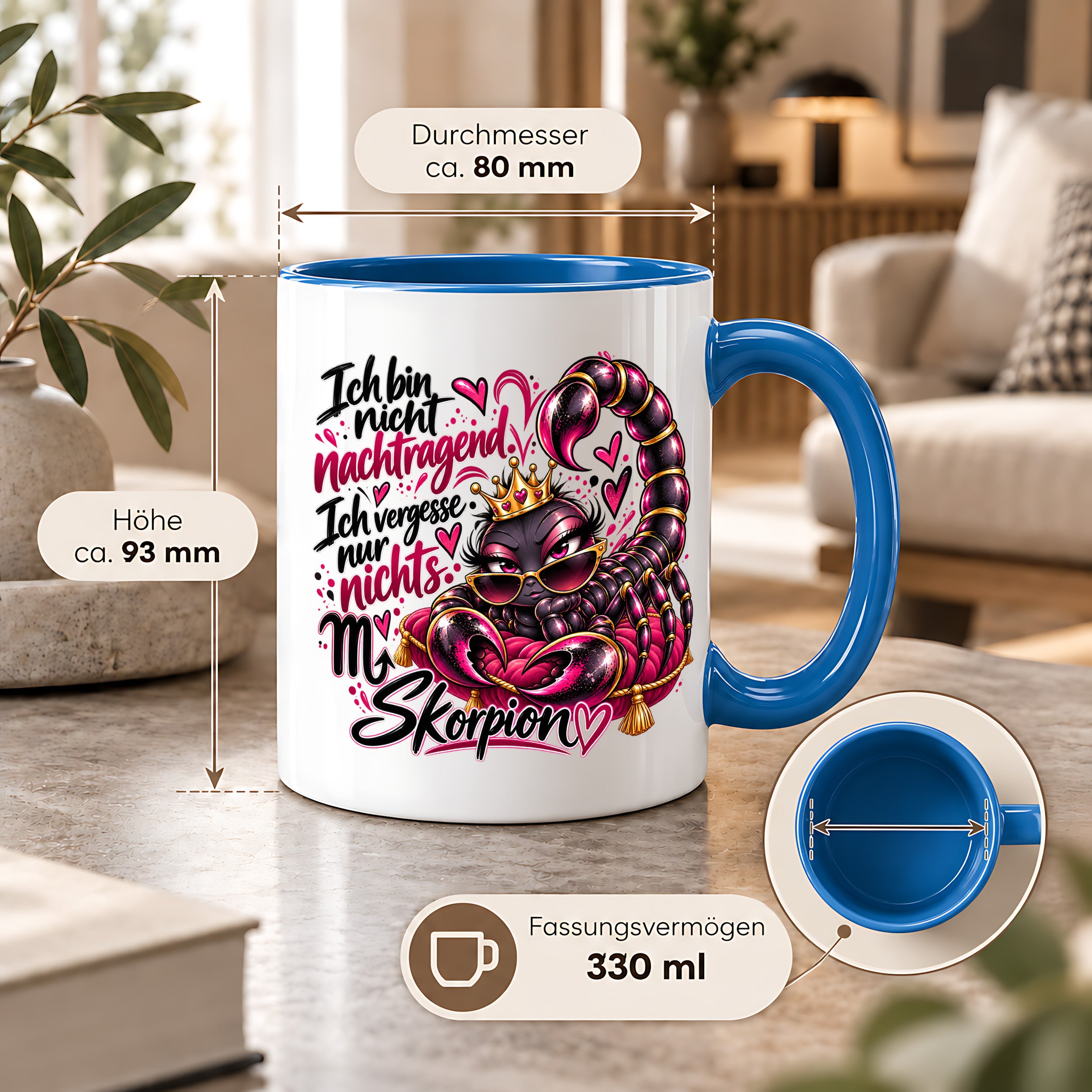 Herzbotschaft Skorpion Tasse – Ich bin nicht nachtragend, ich vergesse nur nichts – Lustige Sternzeichen Tasse mit Skorpion Motiv – Geschenk für Frauen, Freundin und Skorpion Geborene – 330 ml