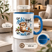 Herzbotschaft Eulen Tasse – Der frühe Vogel kann mich mal – Lustige Kaffeetasse mit mürrischer Eule und Kaffee – Geschenk für Morgenmuffel, Langschläfer, Kaffeeliebhaber, Kollegen und Freunde – 330 ml